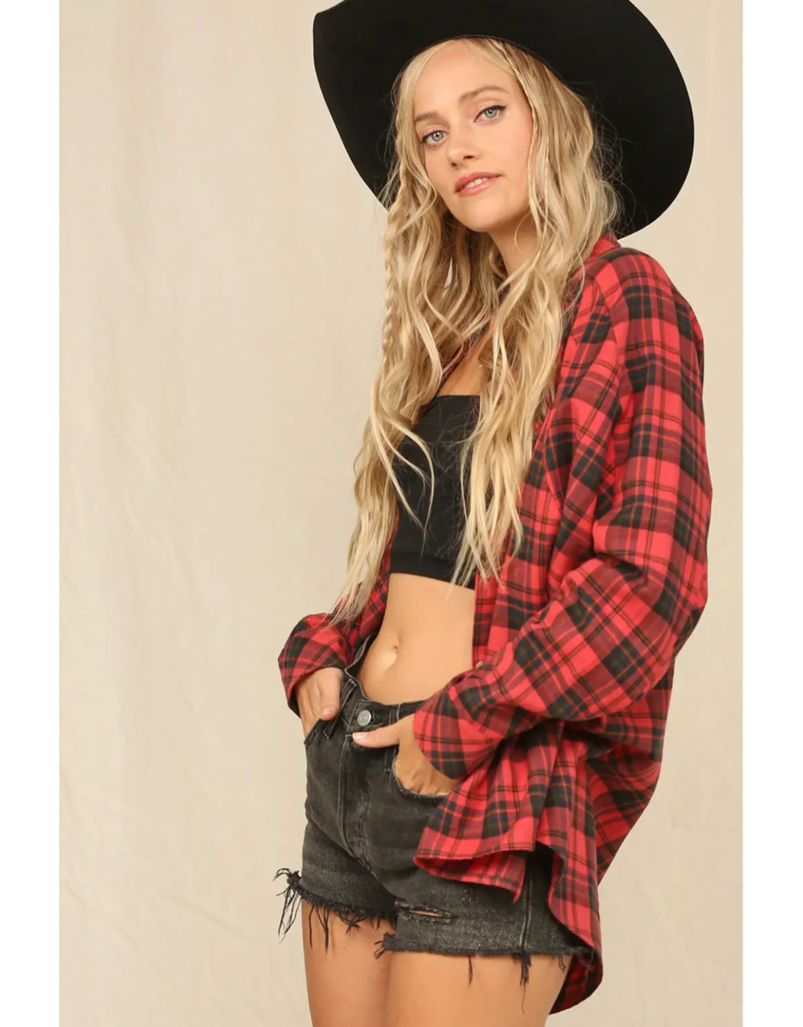 Kye Mi Plaid Button Down Oversized Shirt (Red)