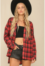 Kye Mi Plaid Button Down Oversized Shirt (Red)