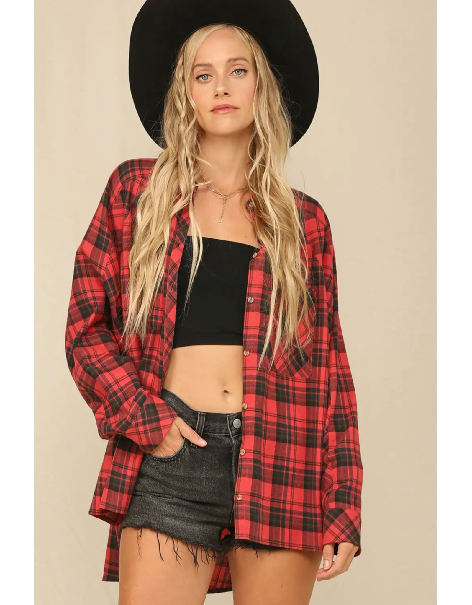 Kye Mi Plaid Button Down Oversized Shirt (Red)