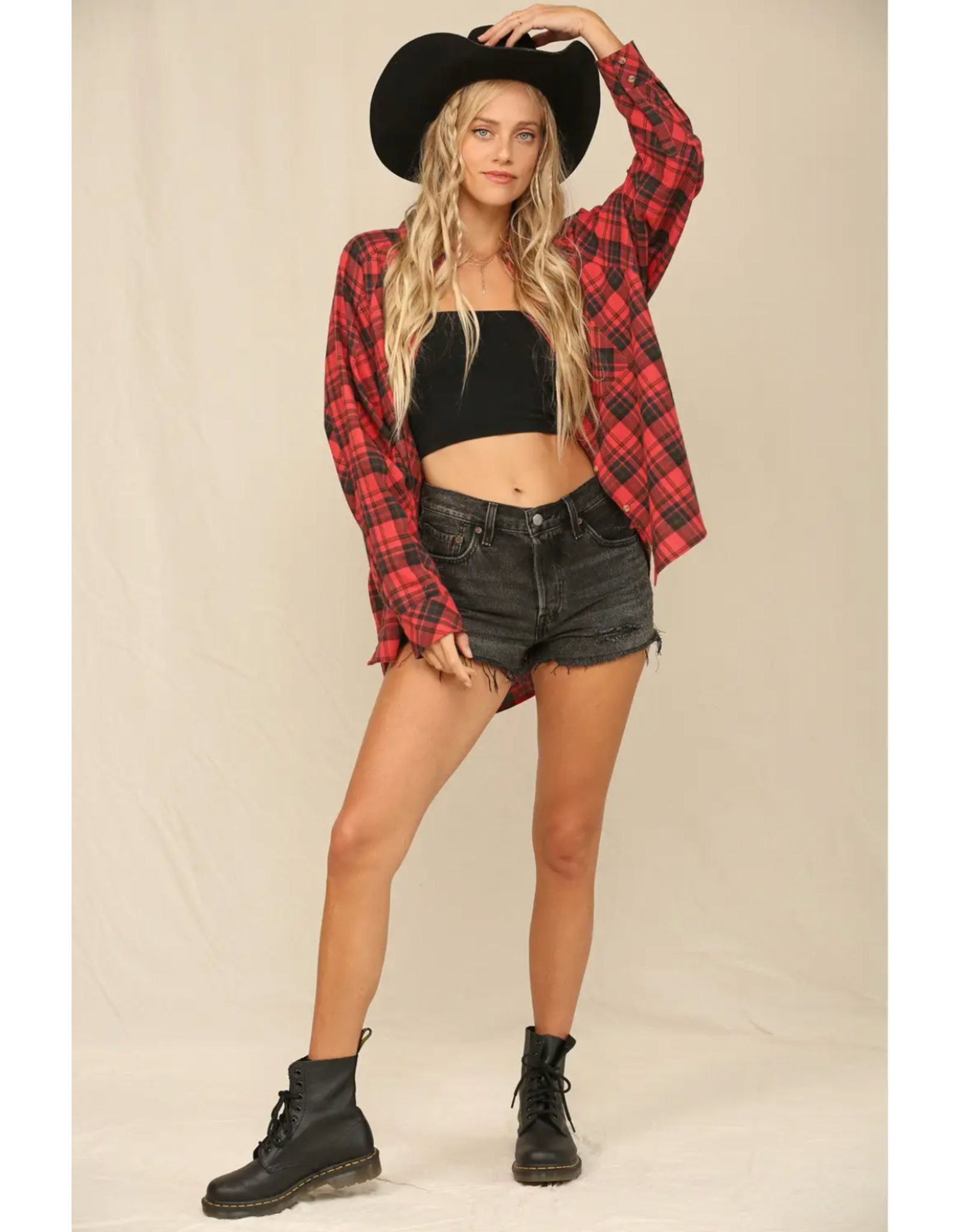 Kye Mi Plaid Button Down Oversized Shirt (Red)