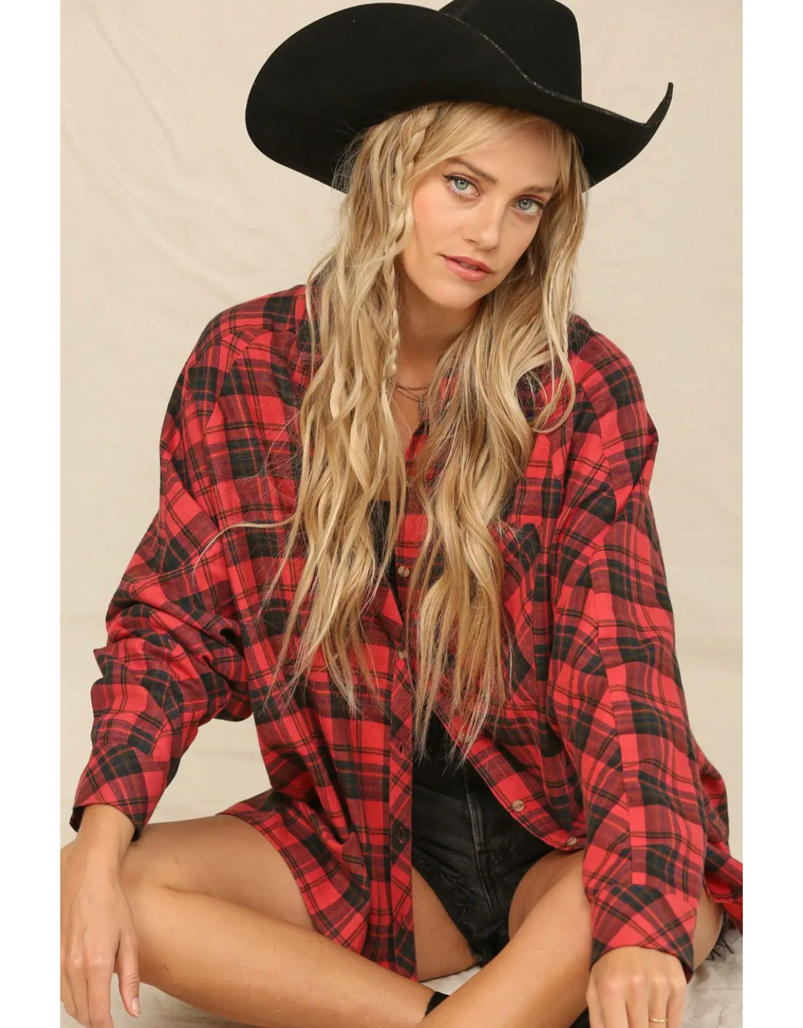 Kye Mi Plaid Button Down Oversized Shirt (Red)