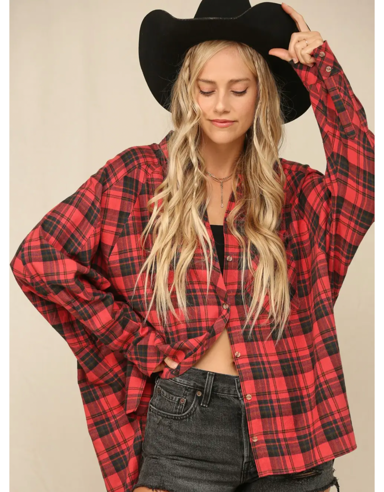Kye Mi Plaid Button Down Oversized Shirt (Red)