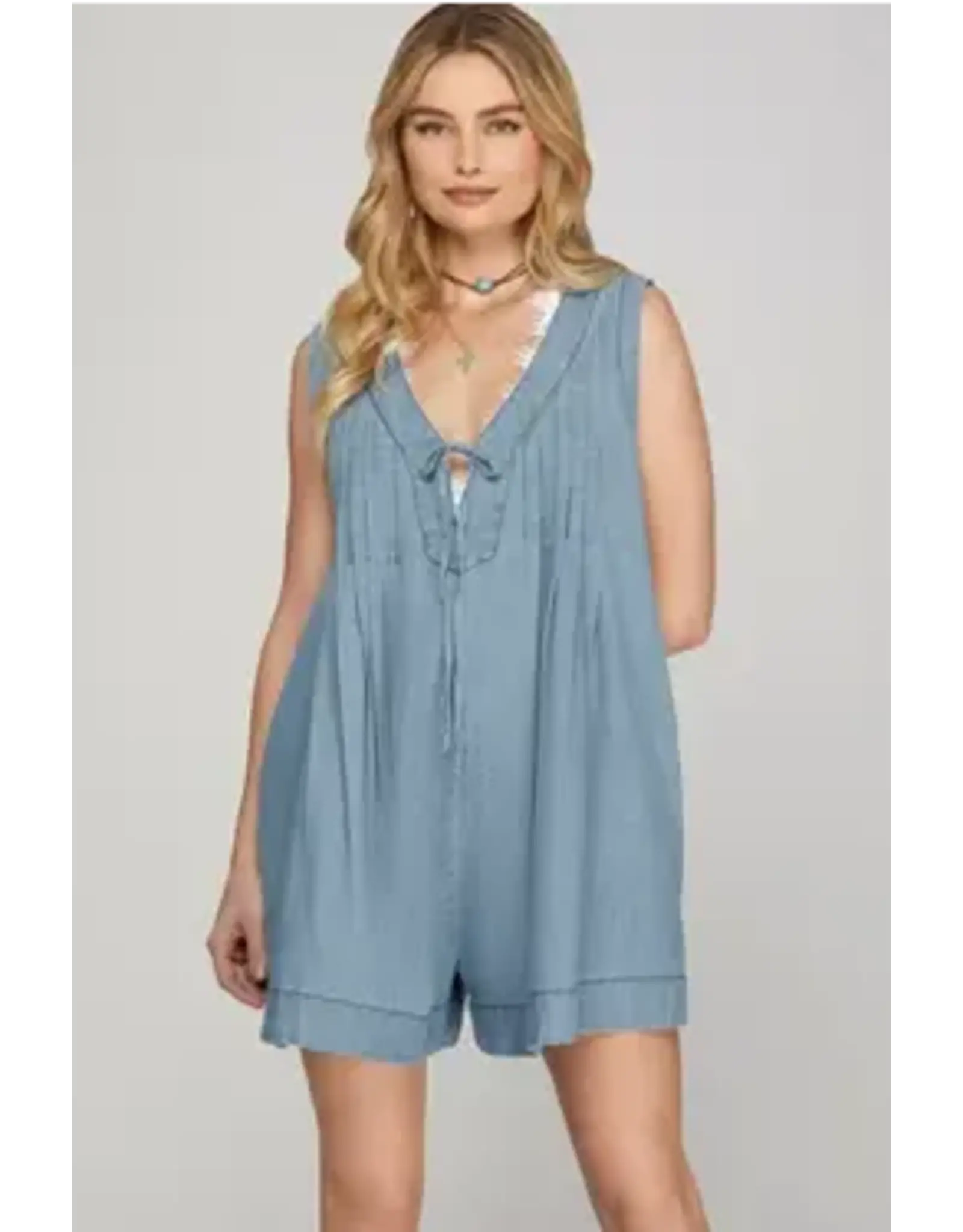 She + Sky Denim Pleated Romper with Front Tie & Pockets