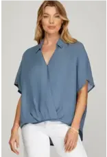 She + Sky Drop Sleeve Denim Surplice Top