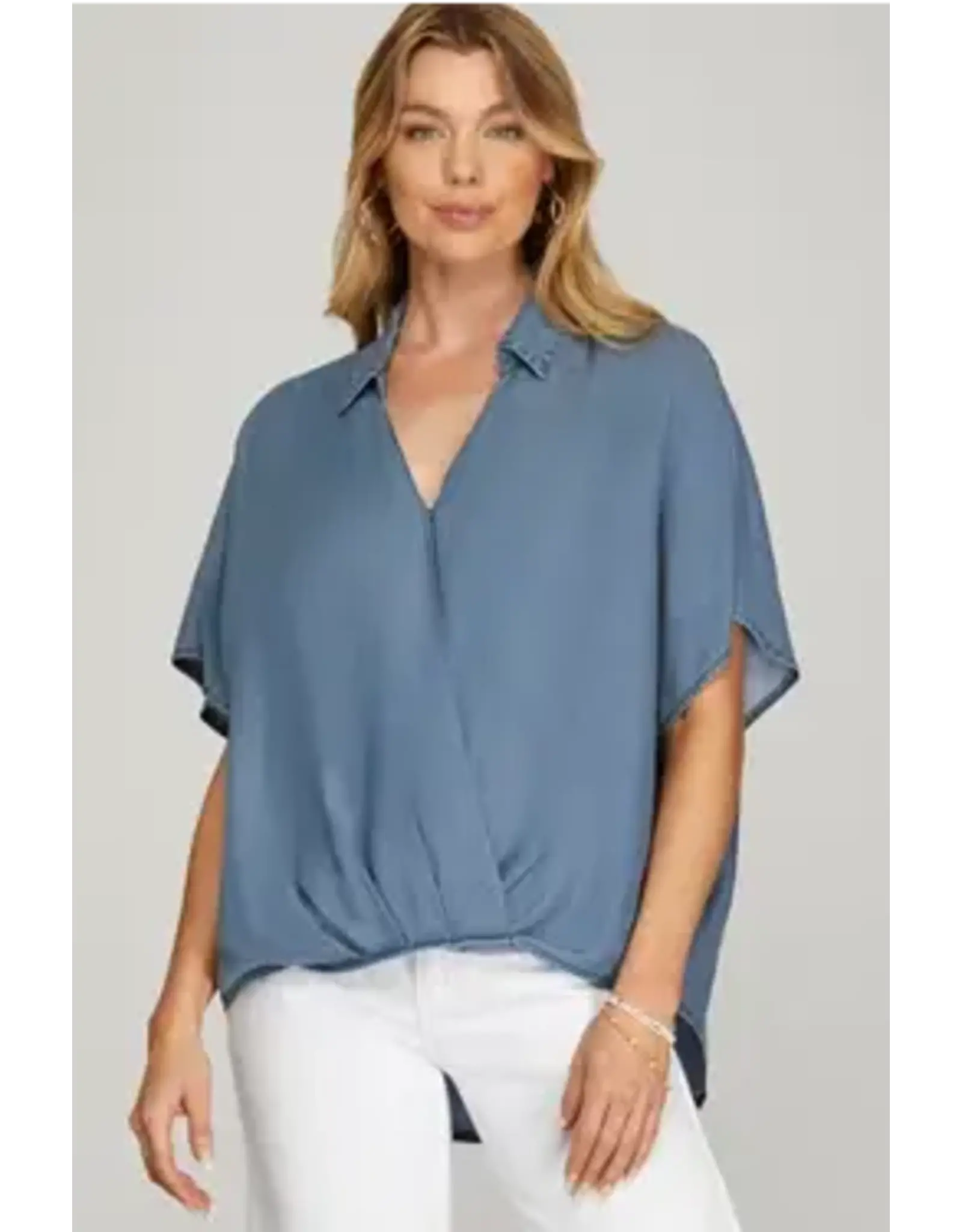 She + Sky Drop Sleeve Denim Surplice Top