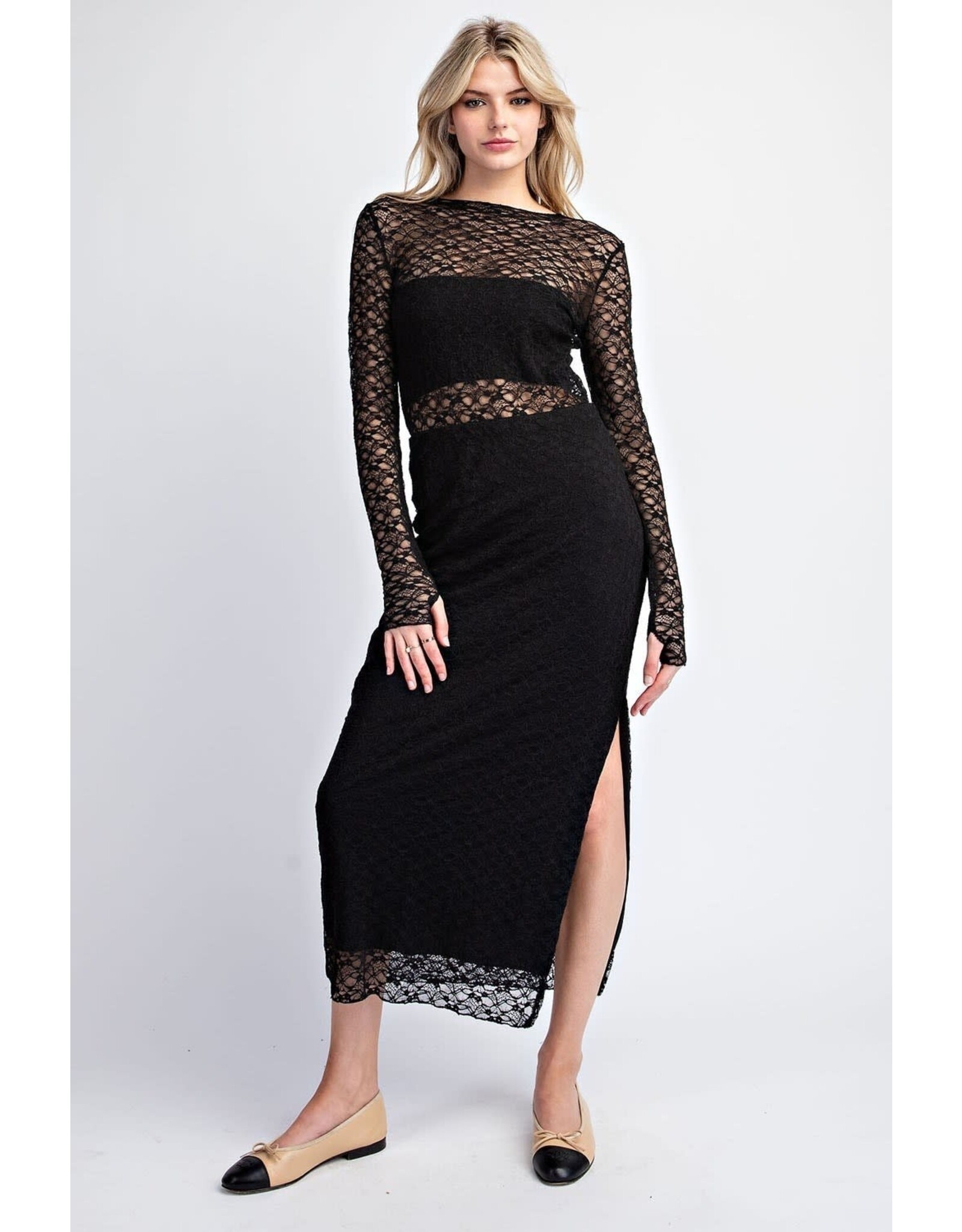 ee:some Lace Side Slit Maxi Skirt (Black)