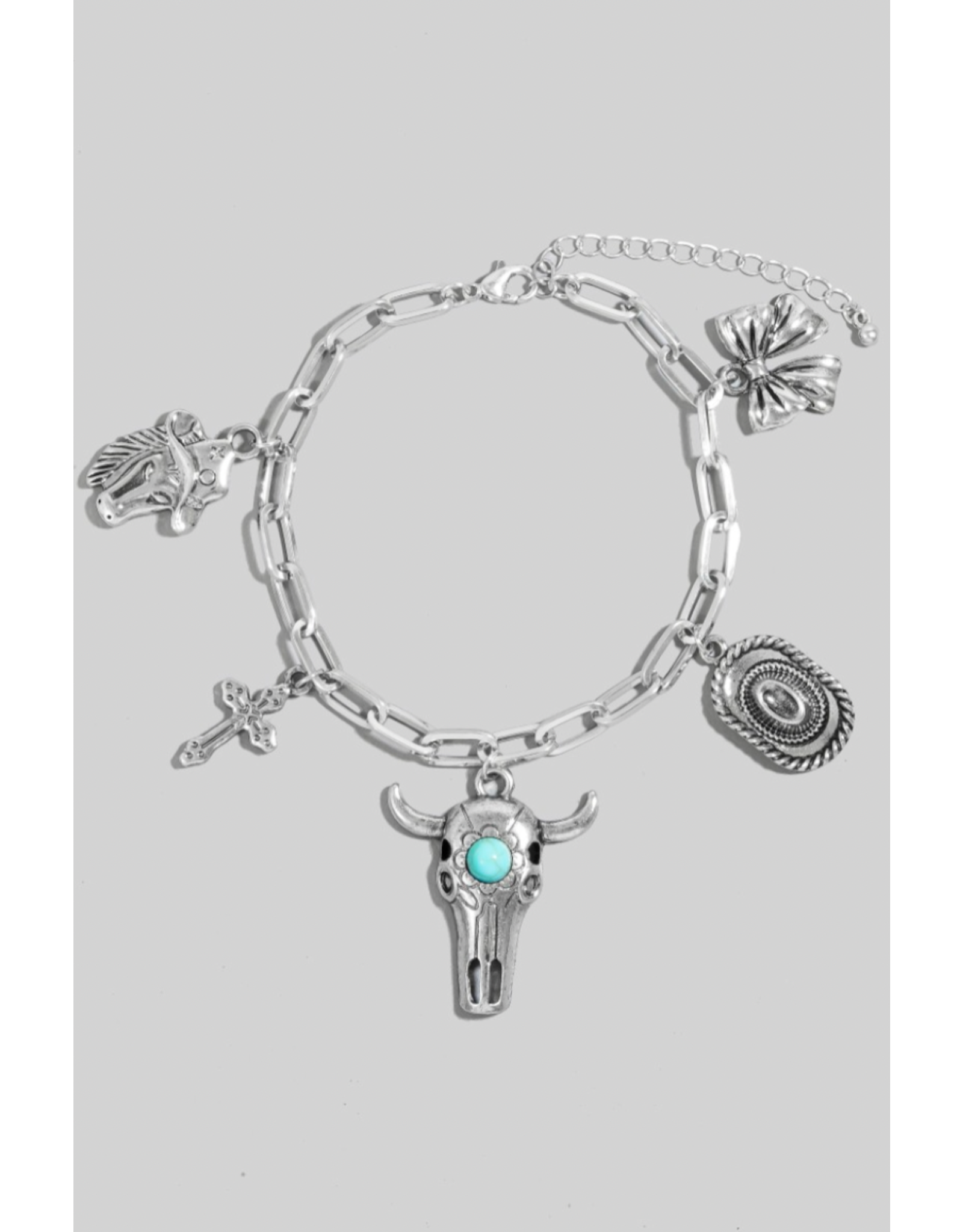 Fame Accessories Western Bull Bow Charm Chain Bracelet (Silver / Turquoise)