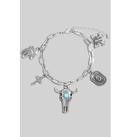Fame Accessories Western Bull Bow Charm Chain Bracelet (Silver / Turquoise)