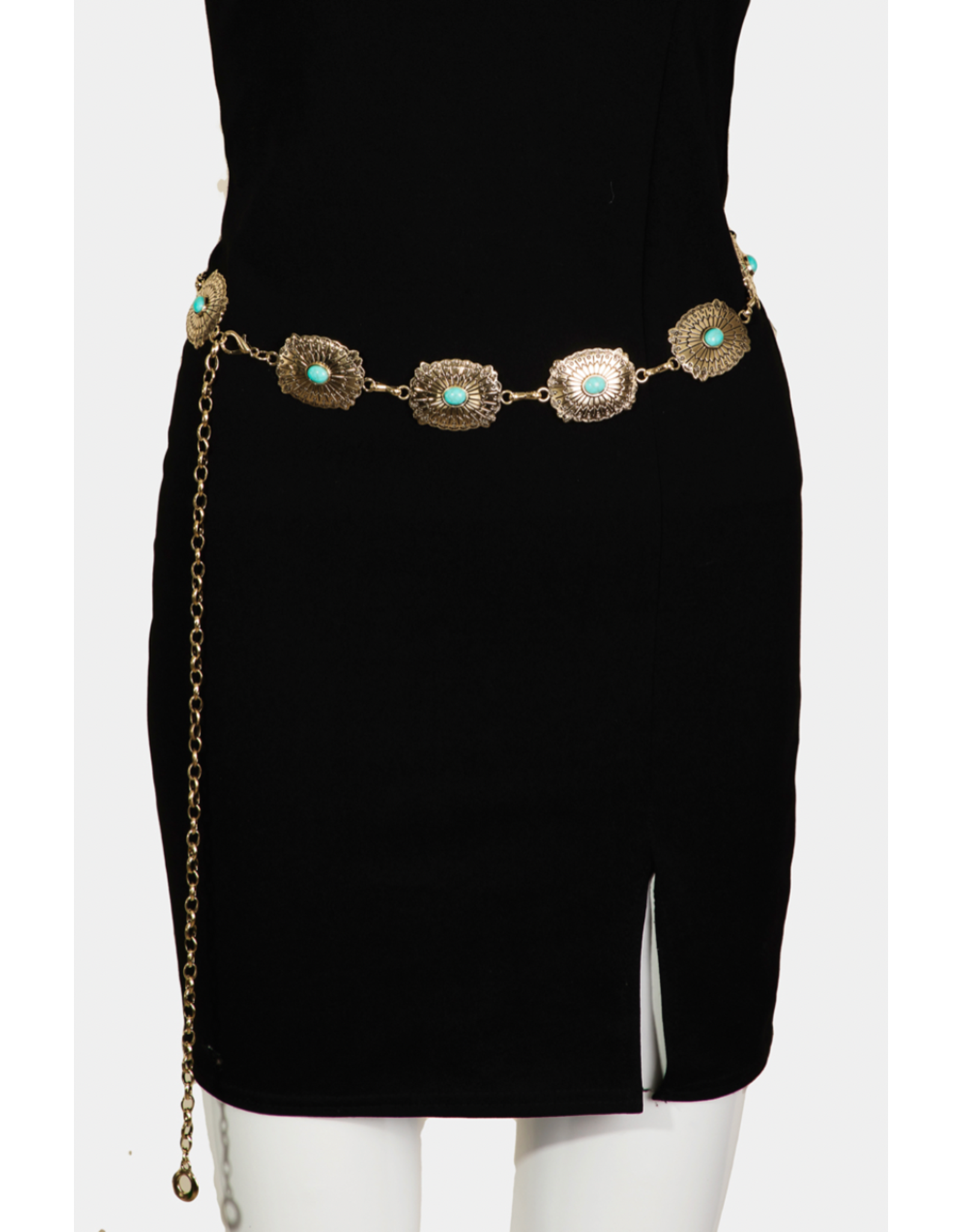 Fame Accessories Turquoise Studded Oval Concho Chain Belt (Gold)