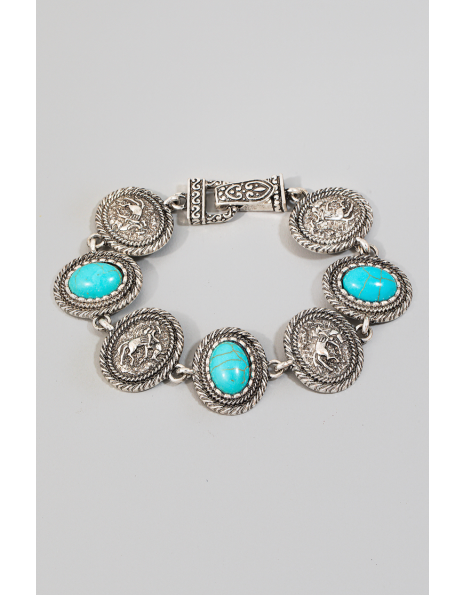 Fame Accessories Engraved Cowboy And Turquoise Oval Chain Bracelet