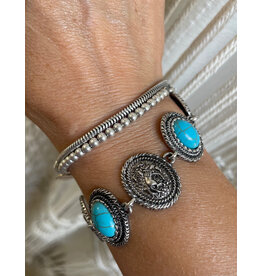 Fame Accessories Engraved Cowboy And Turquoise Oval Chain Bracelet
