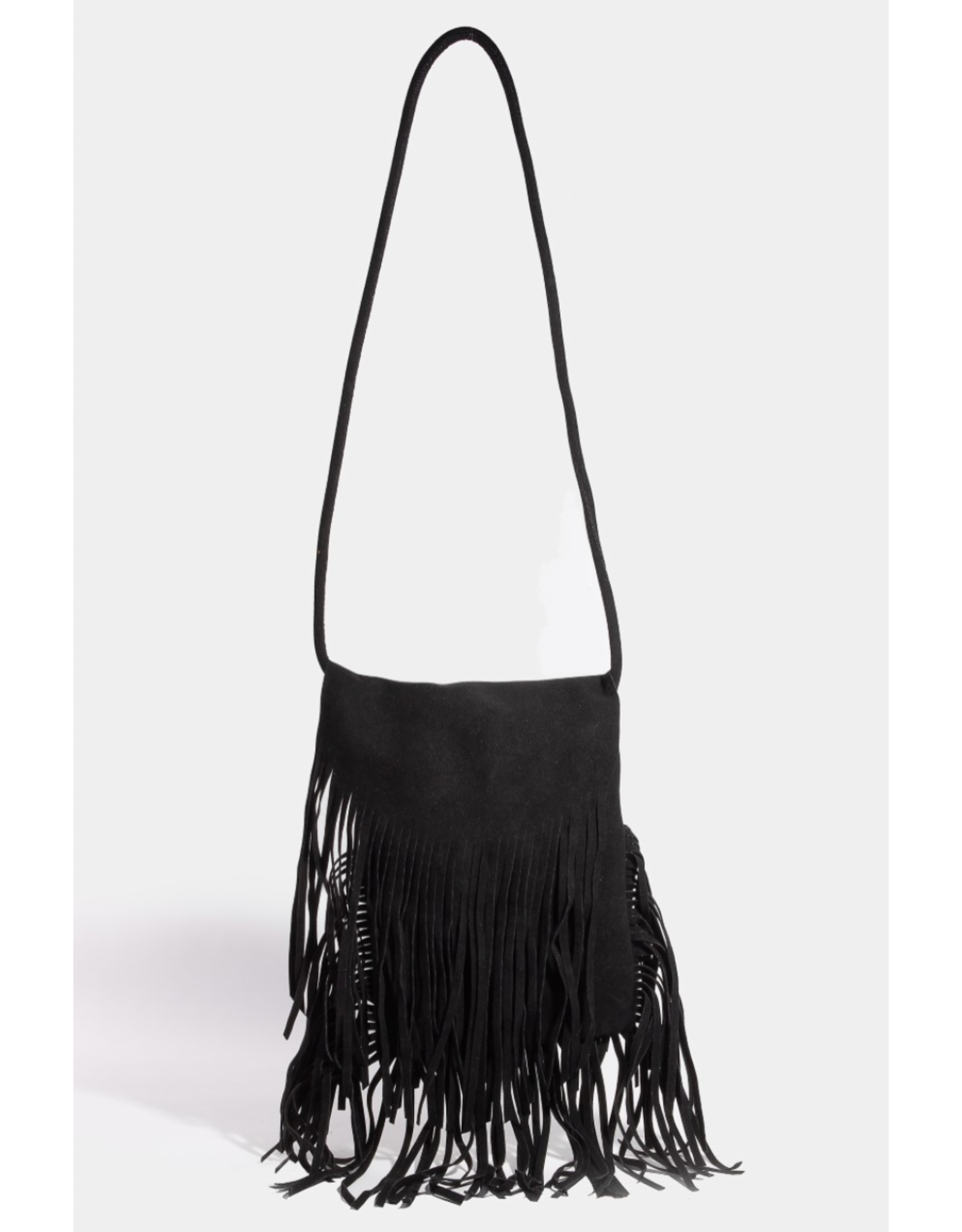 Fame Accessories Faux Suede Long Fringe Rectangle Hand Bag (Black)