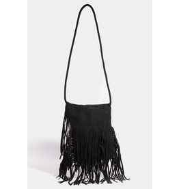 Fame Accessories Faux Suede Long Fringe Rectangle Hand Bag (Black)