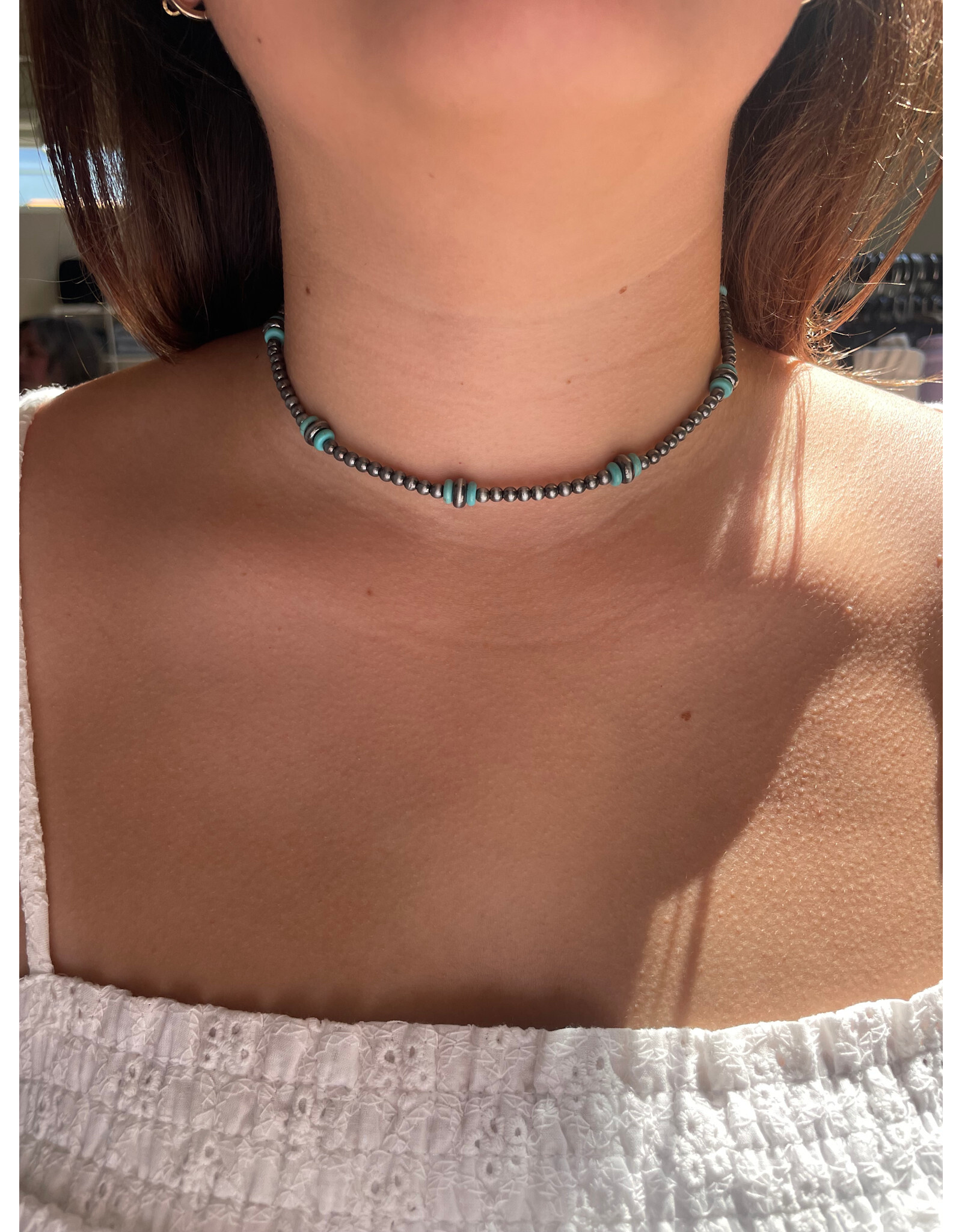 Blandice Silver and turquoise beaded choker length necklace