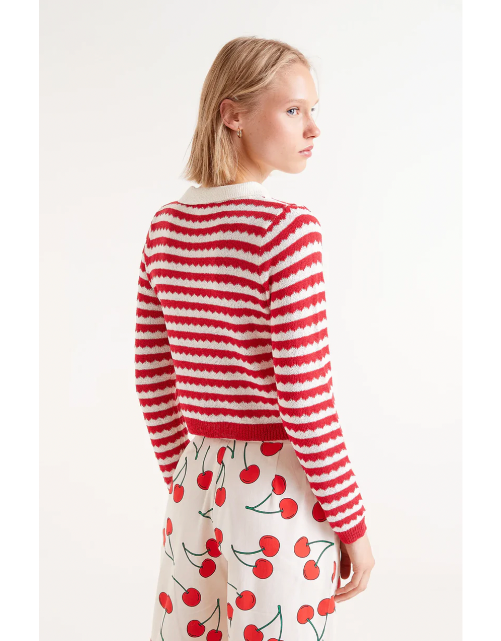 Compania Fantastica Compania Fantastica -  Red Striped Polo Neck Cardigan (Red / White)