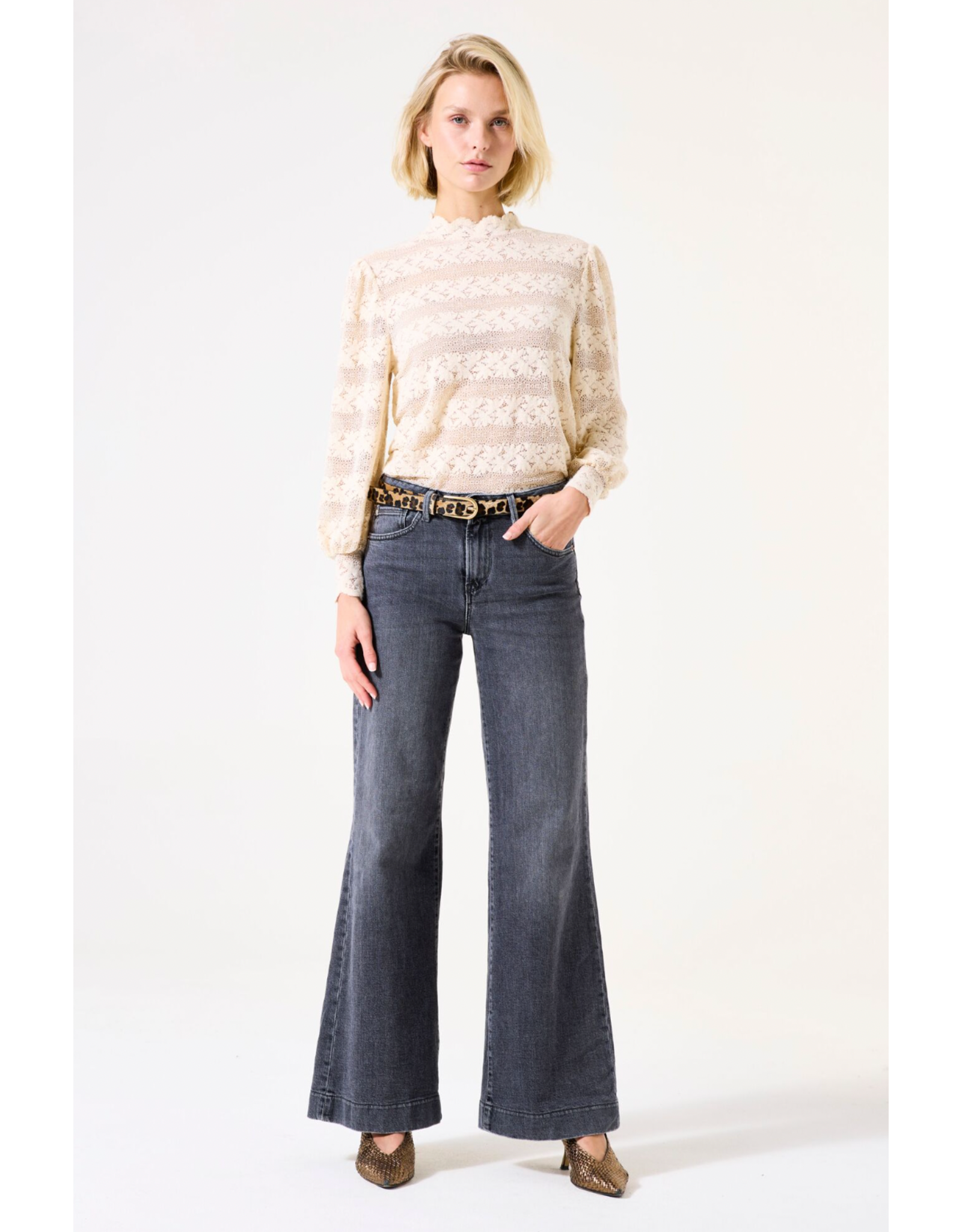 Garcia Garcia - High Neck Striped Lace Knit Top (Whitecap)