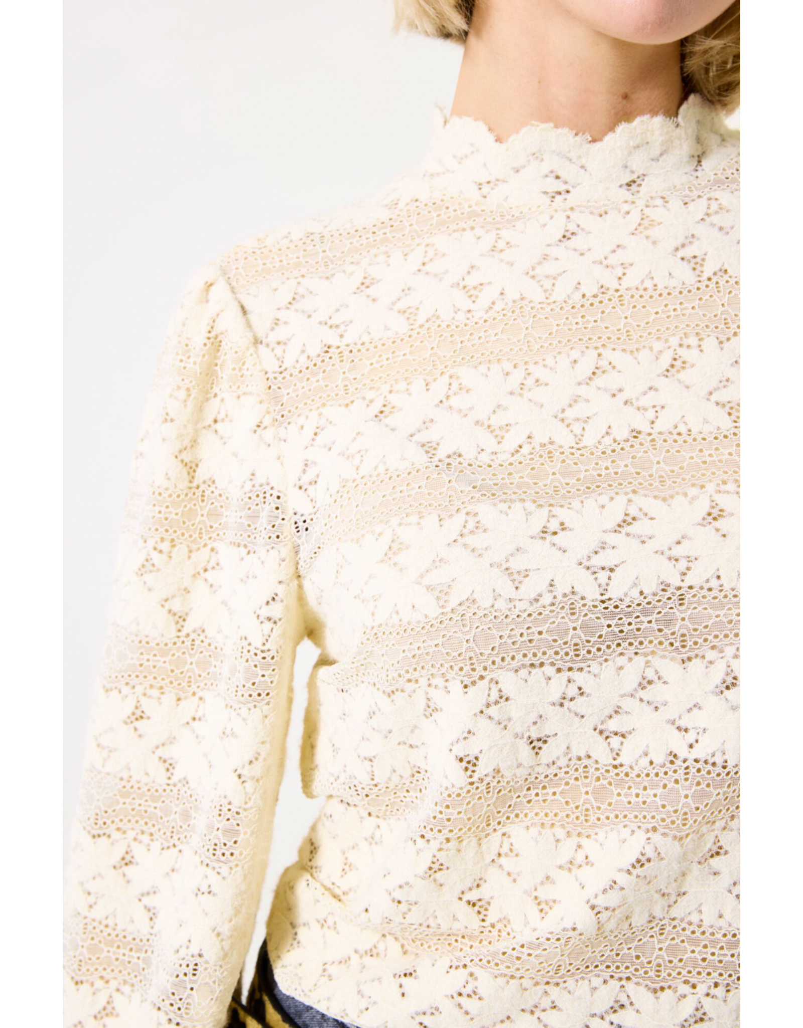 Garcia Garcia - High Neck Striped Lace Knit Top (Whitecap)
