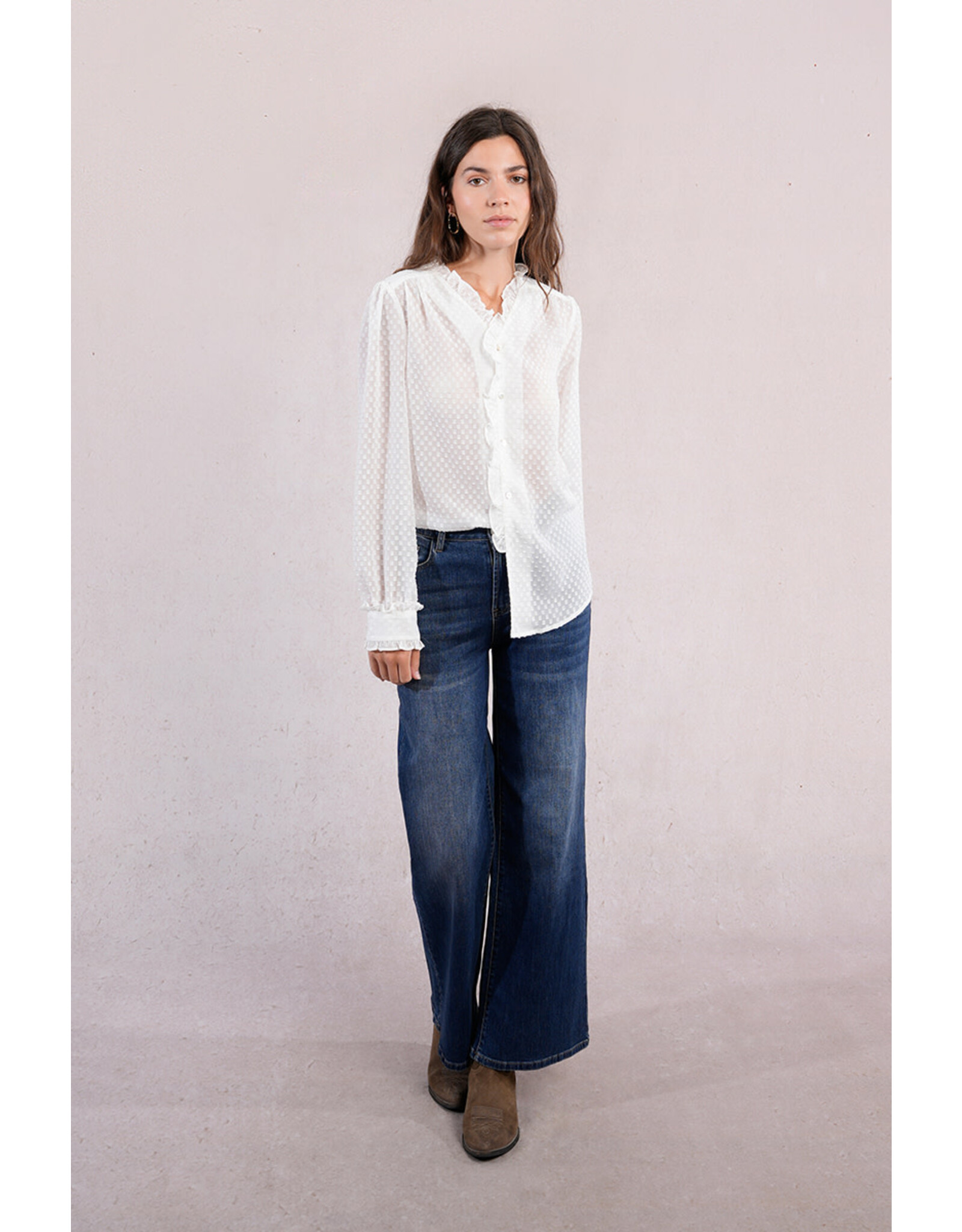 Molly Bracken Molly Bracken - Sheer Blouse with Ruffle Trim (White)