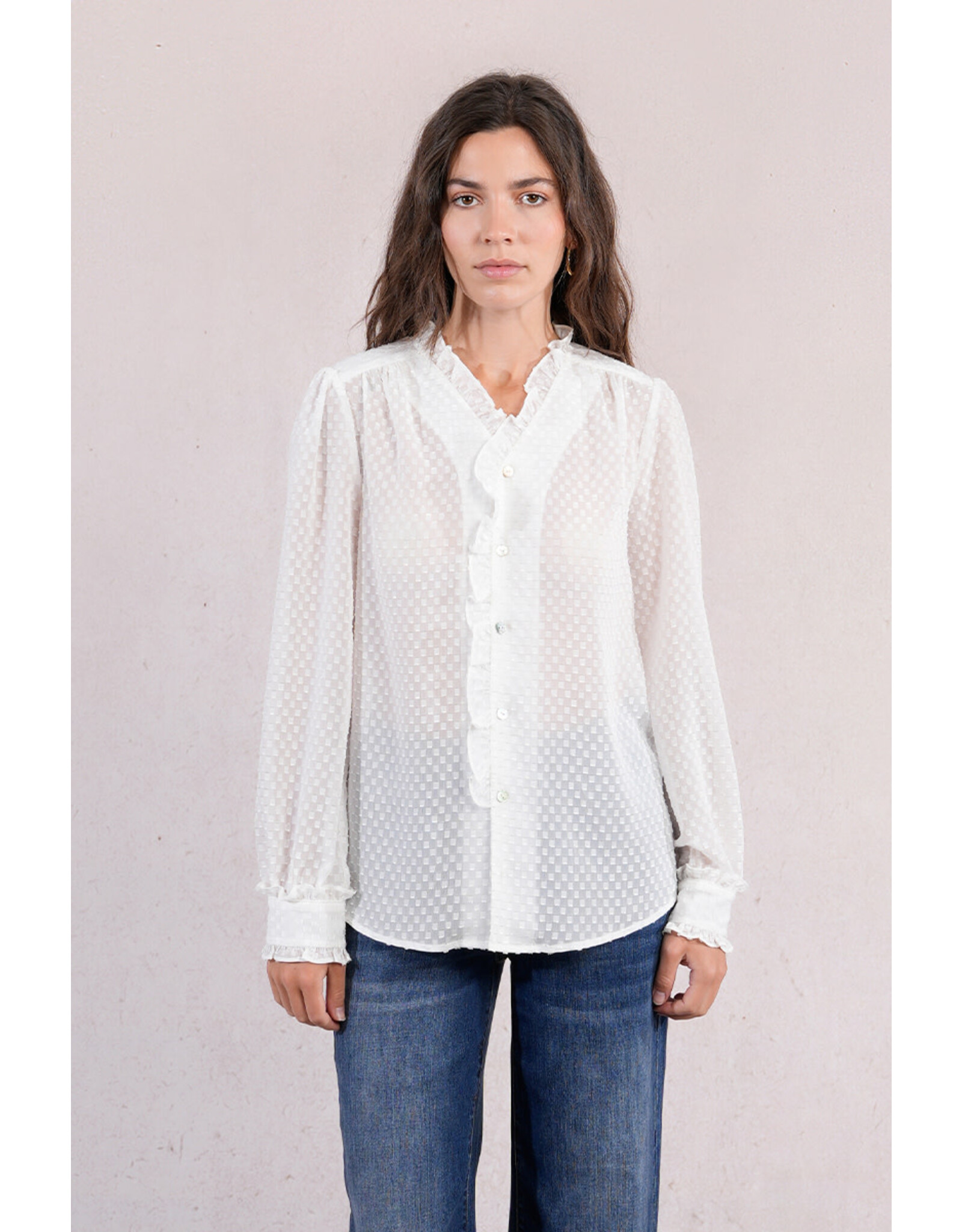 Molly Bracken Molly Bracken - Sheer Blouse with Ruffle Trim (White)