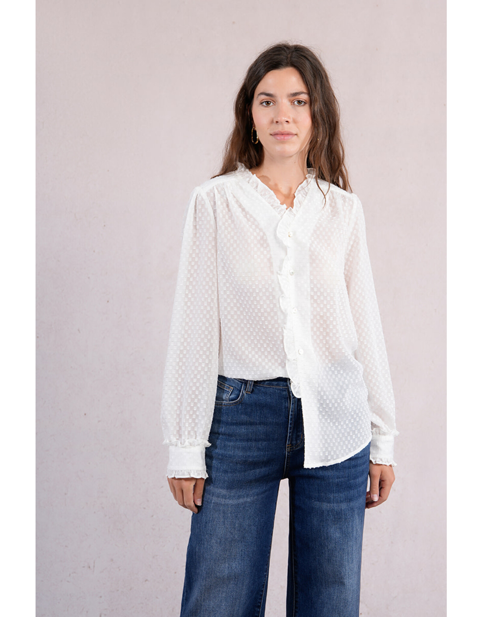 Molly Bracken Molly Bracken - Sheer Blouse with Ruffle Trim (White)