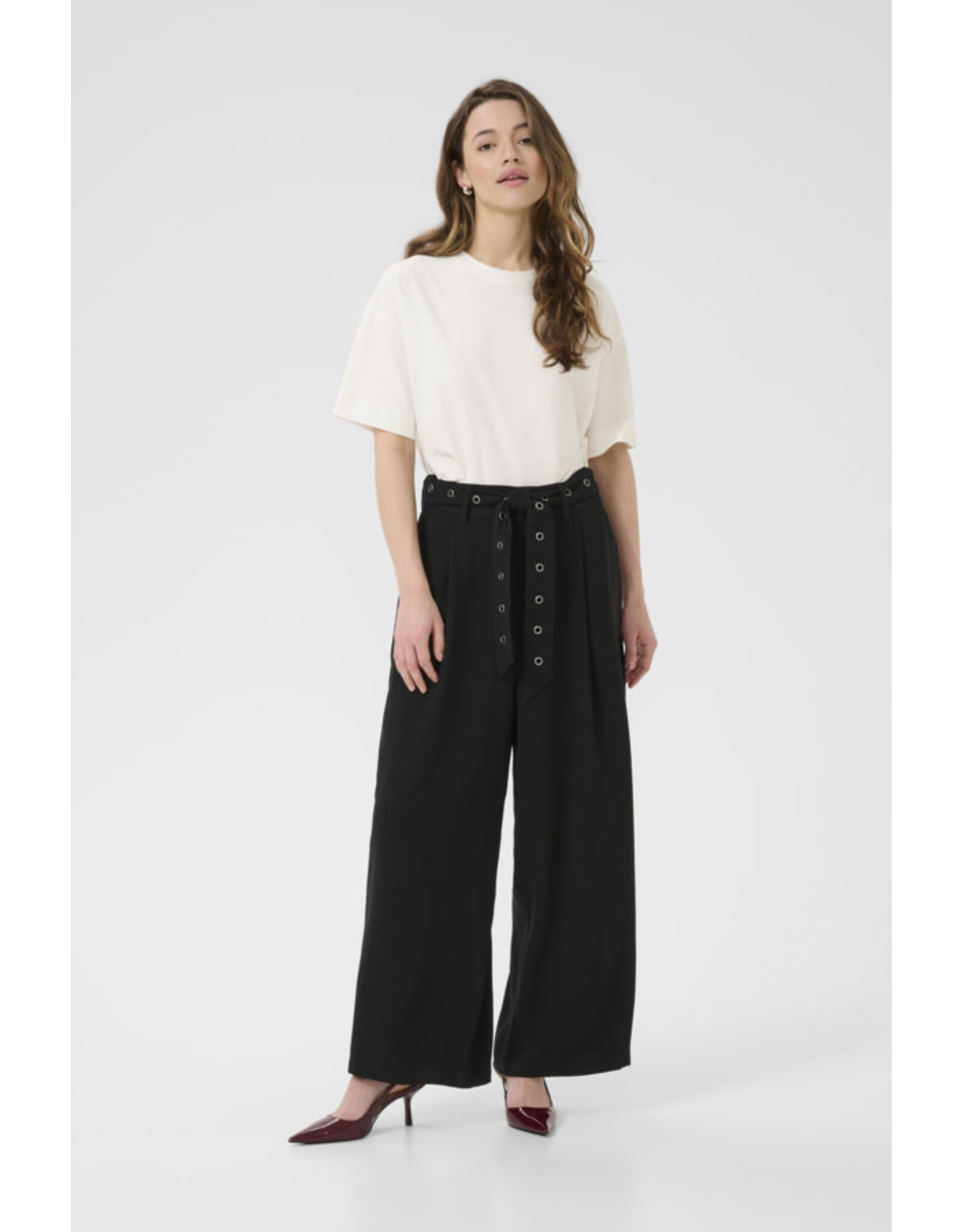 Kaffe Kaffe - Lisa Wide Leg Trousers with Grommet Belt (Black Deep)