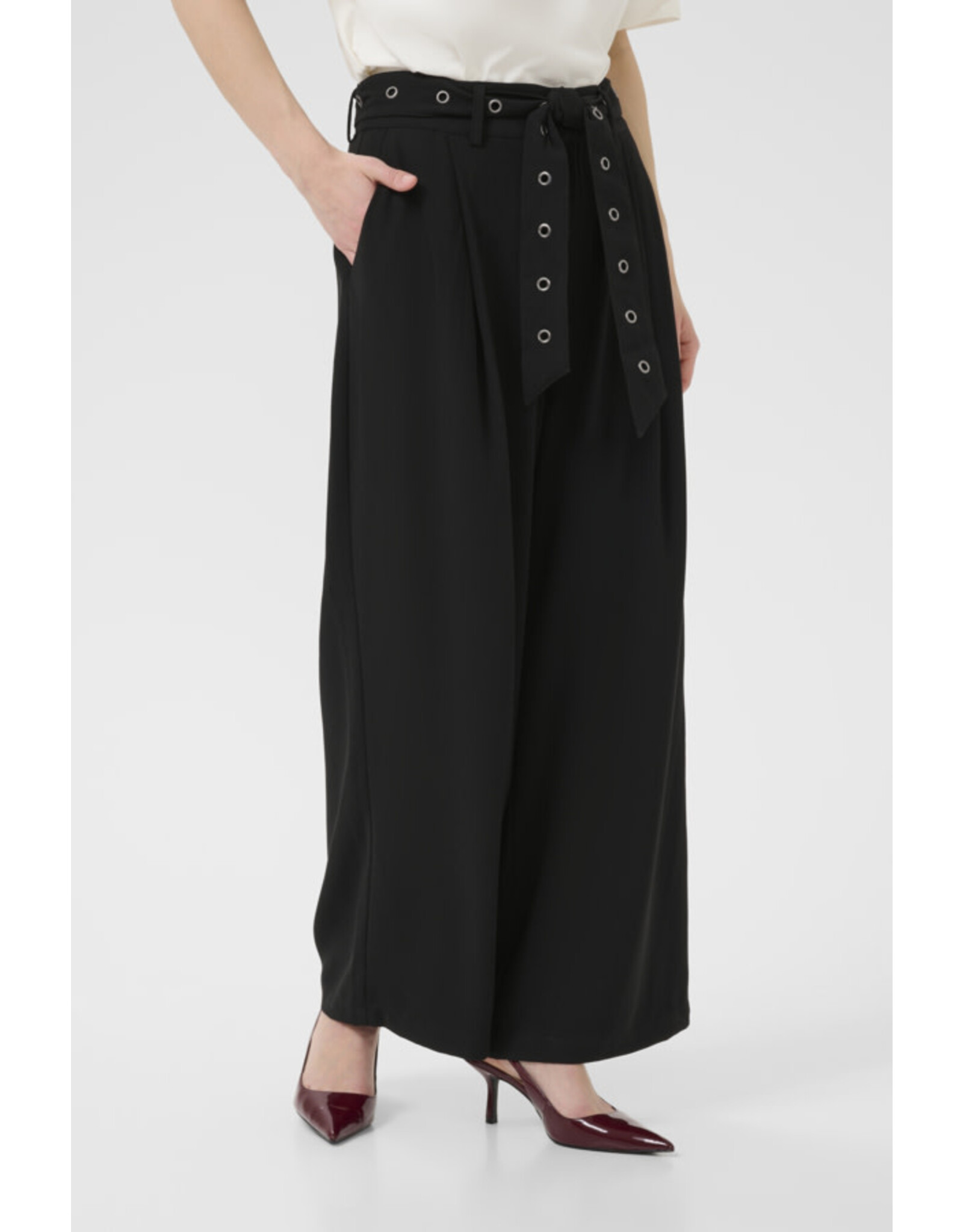 Kaffe Kaffe - Lisa Wide Leg Trousers with Grommet Belt (Black Deep)