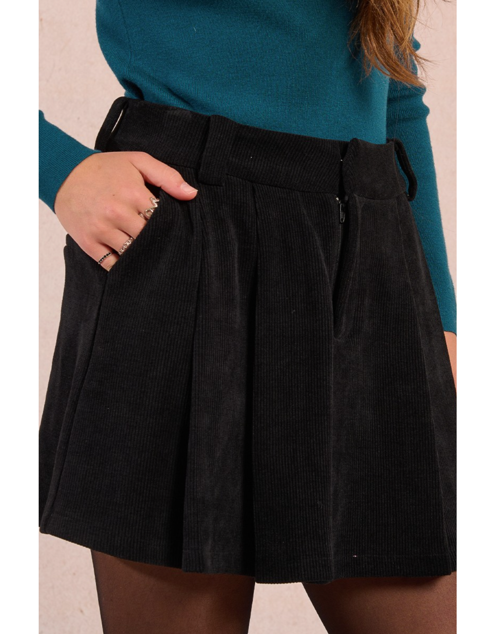 Molly Bracken Molly Bracken - Pleated Corduroy Mini Skirt (Black)