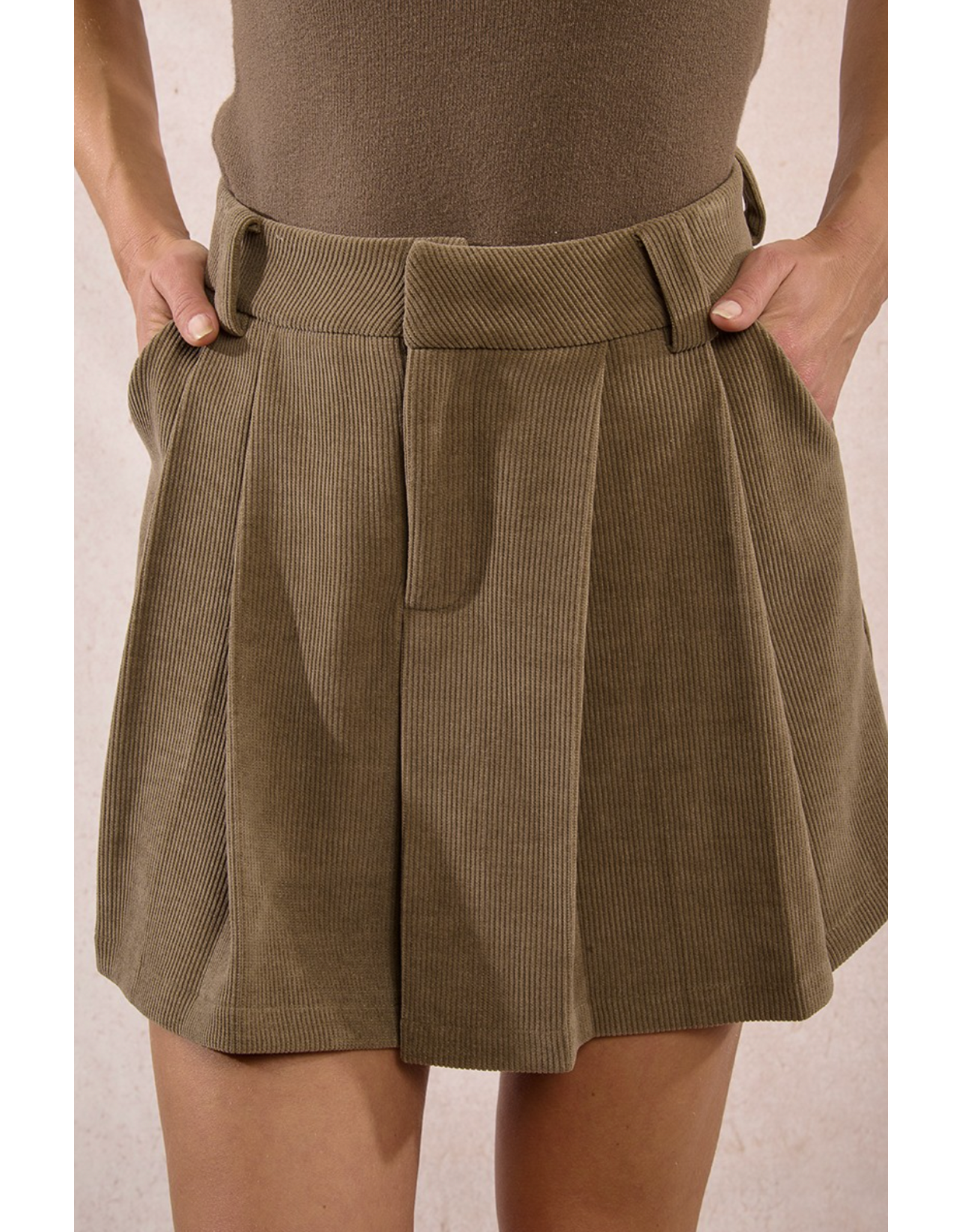 Molly Bracken Molly Bracken - Pleated Corduroy Mini Skirt (Khaki)