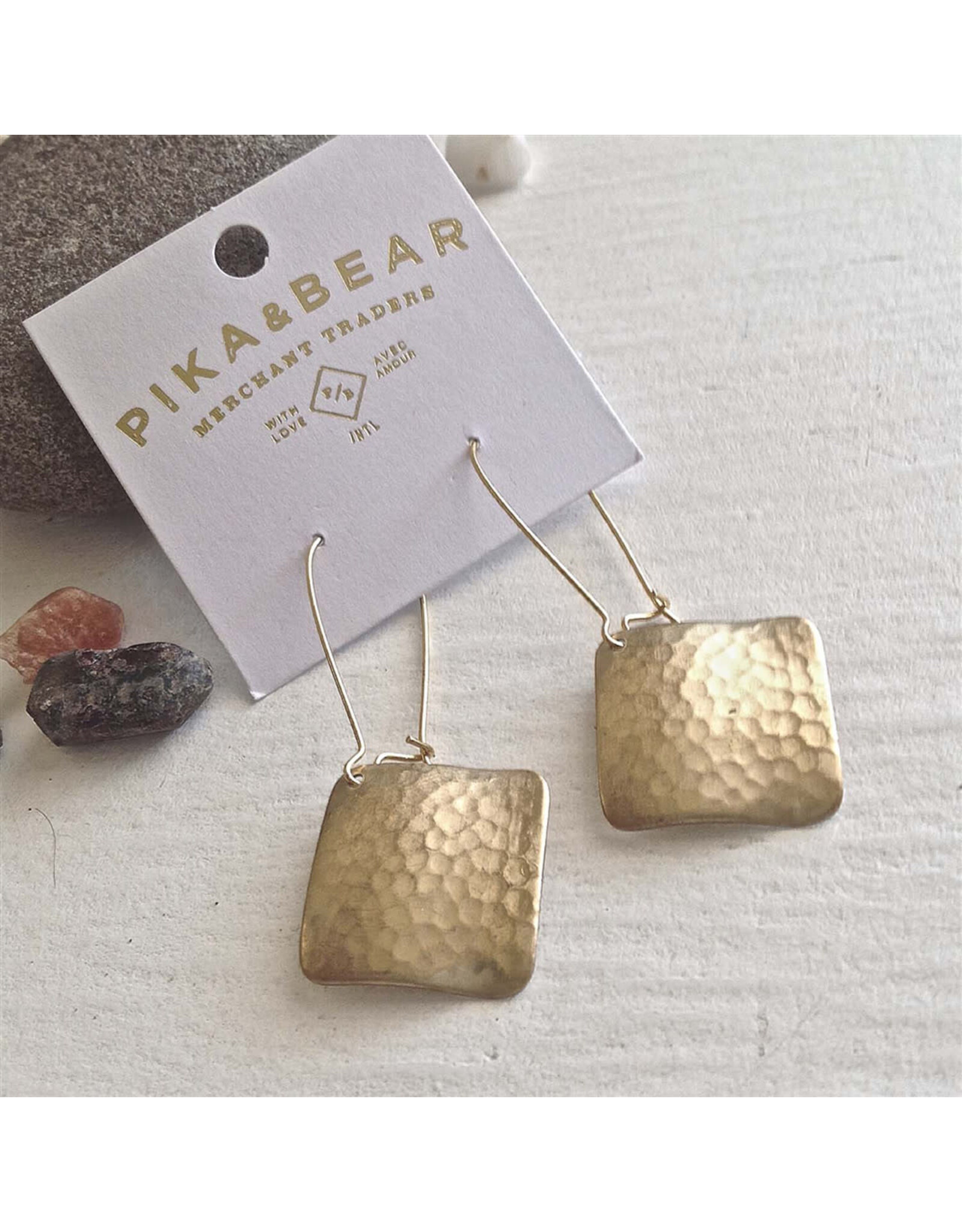 Pika & Bear Pika & Bear - "Pangolin" Hammered Brass Diamond Kidney Wire Earrings