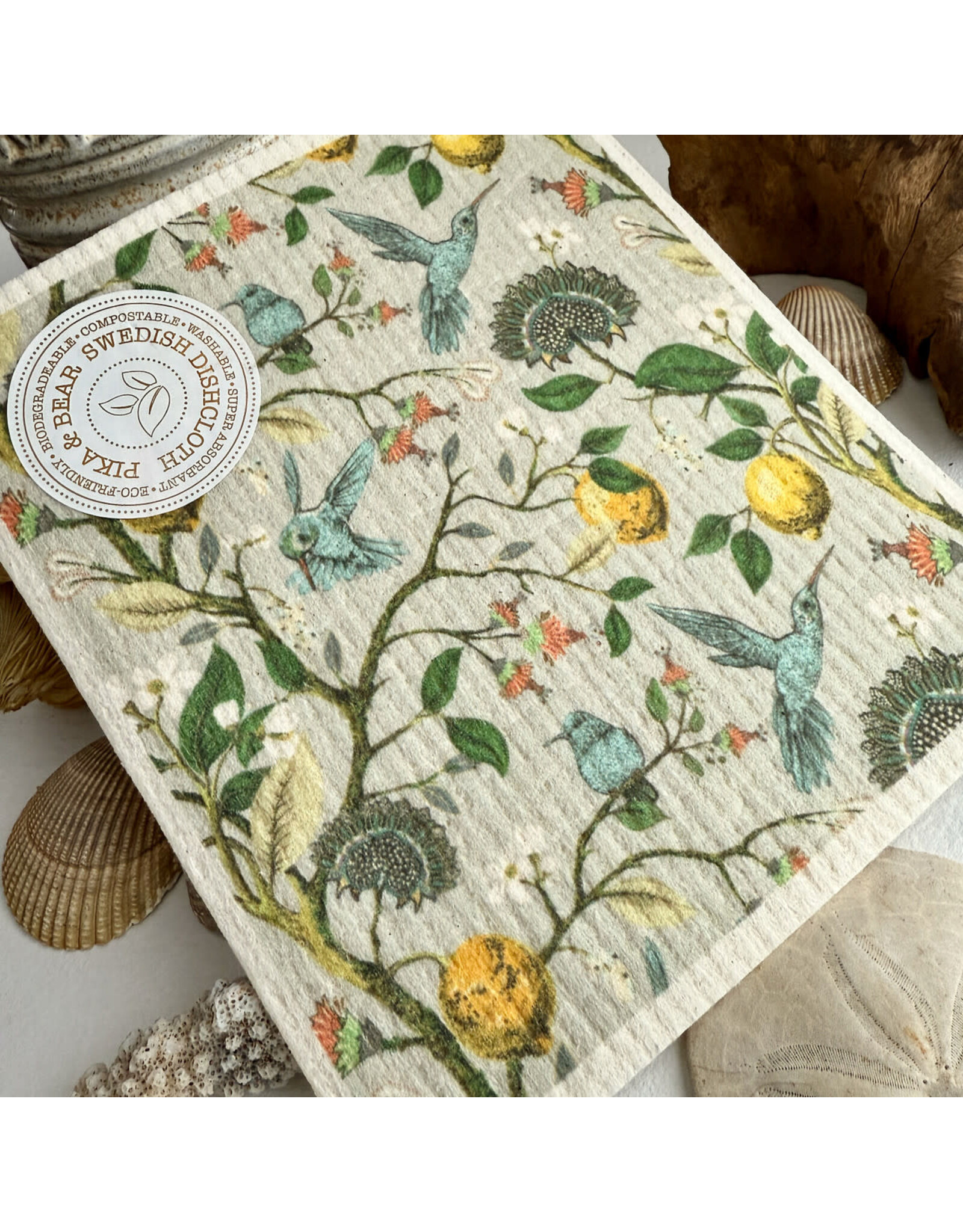 Pika & Bear Pika & Bear - "Jacobean" Hummingbird & Flower Design Swedish Dishcloth