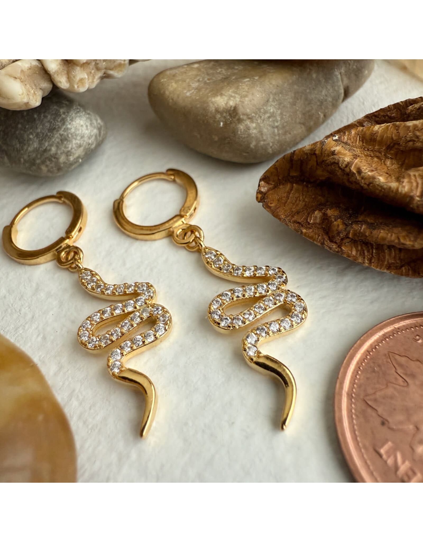 Pika & Bear Pika & Bear - "Diamond Back" Pavé Snake Charm Hugger Hoop Earrings