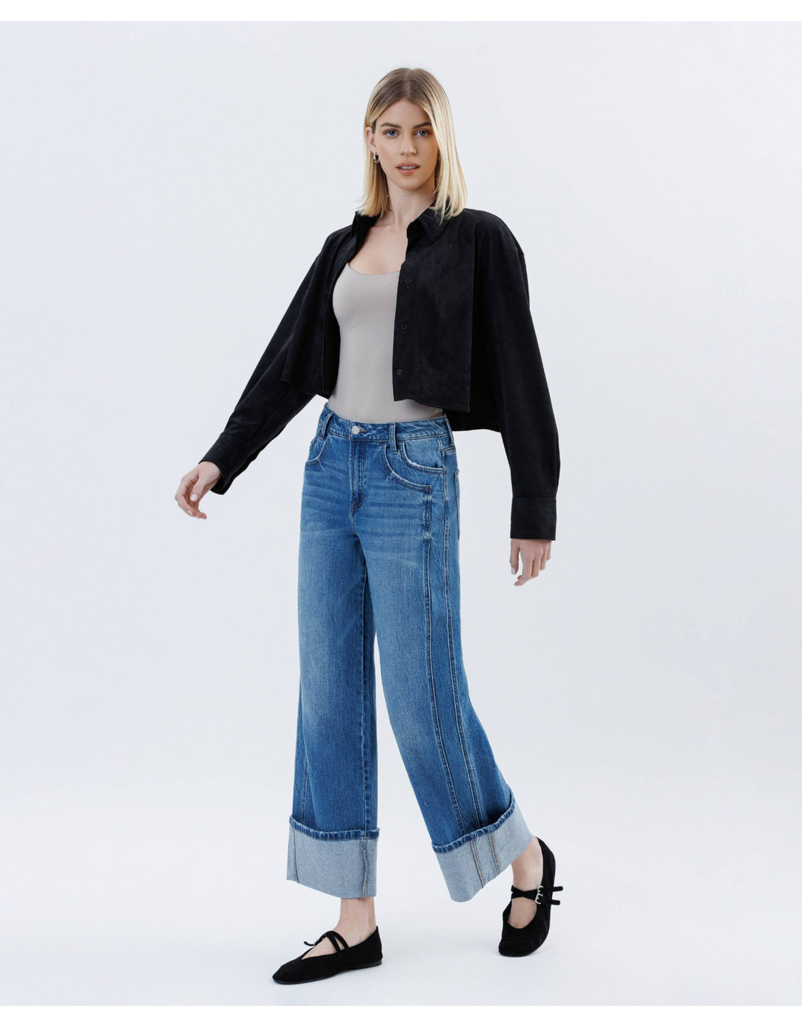 VERVET VERVET - High Rise Cuffed Baggy Wide Leg (Dark Denim)