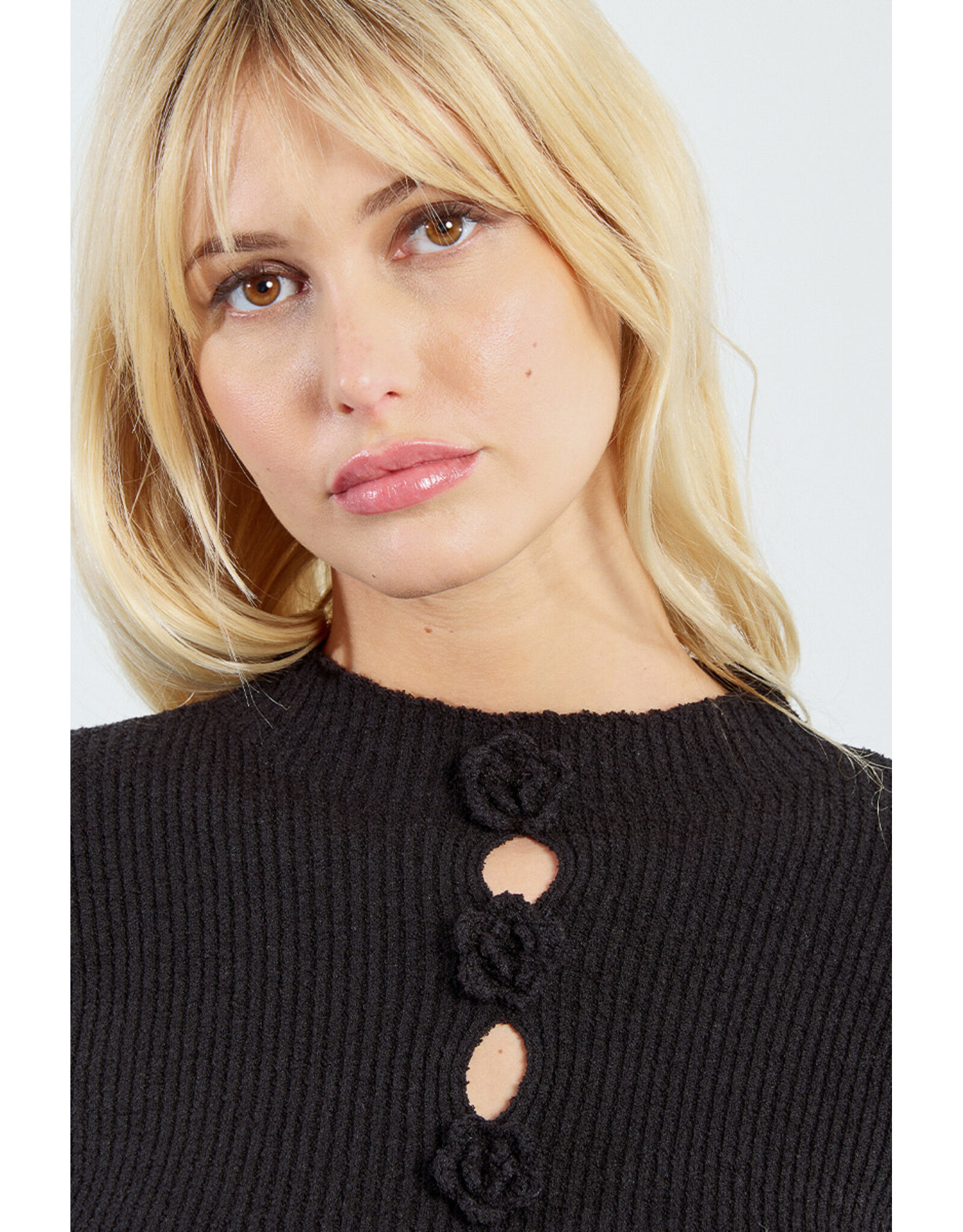 Molly Bracken Molly Bracken - Ribbed Sweater with Rosettes and Keyholes (Black)