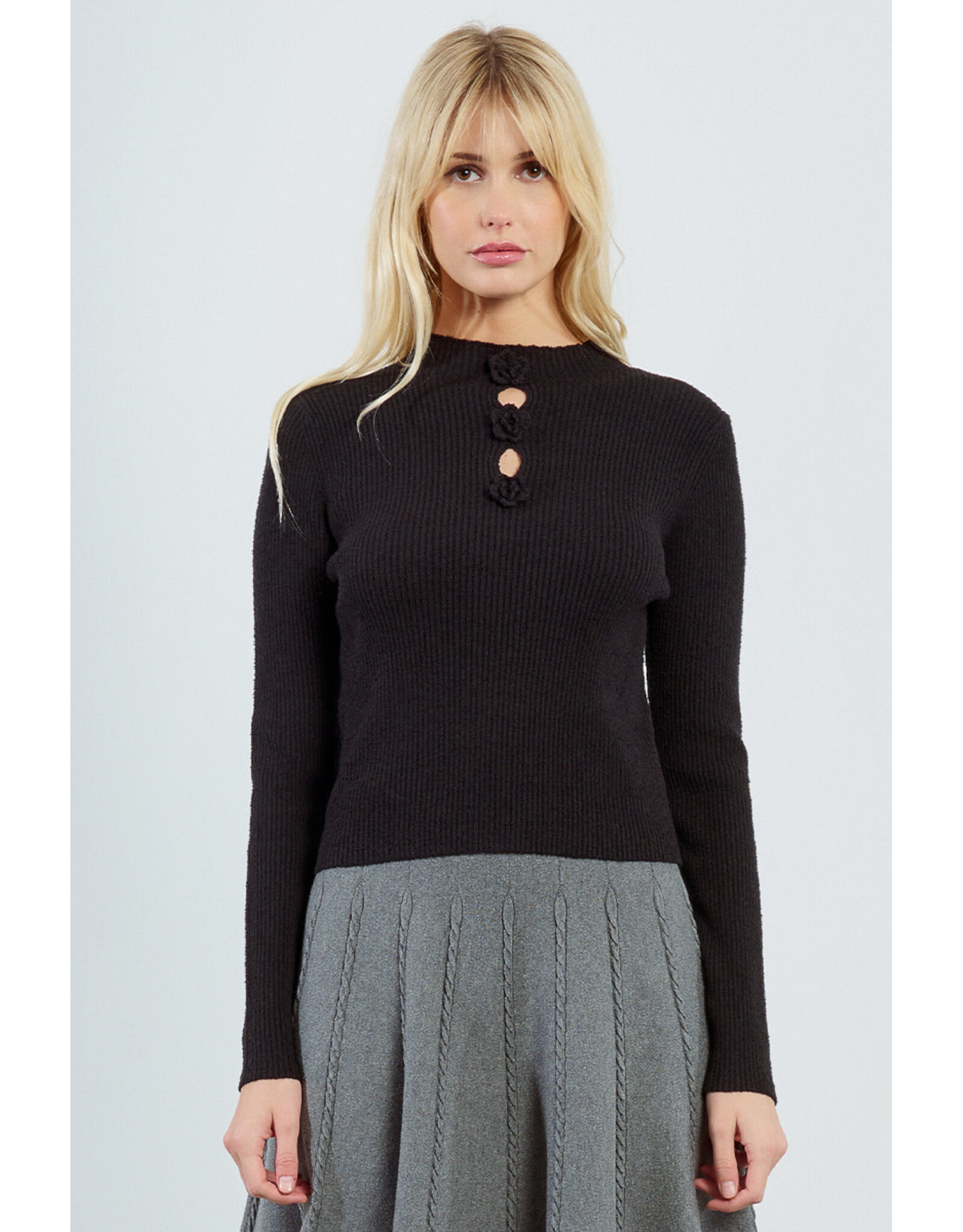 Molly Bracken Molly Bracken - Ribbed Sweater with Rosettes and Keyholes (Black)