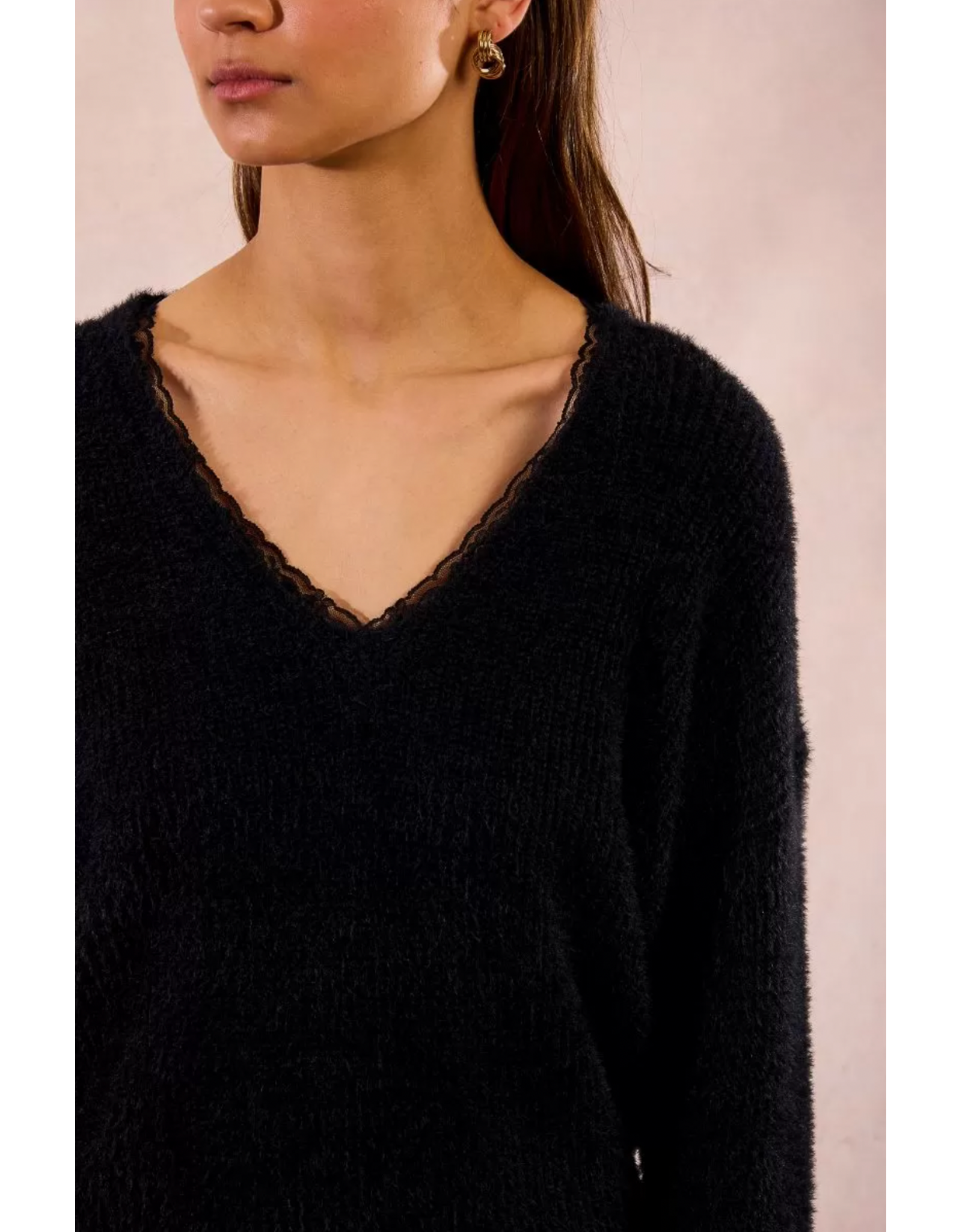 Molly Bracken Molly Bracken -  Lace  V Neck Sweater (Black)