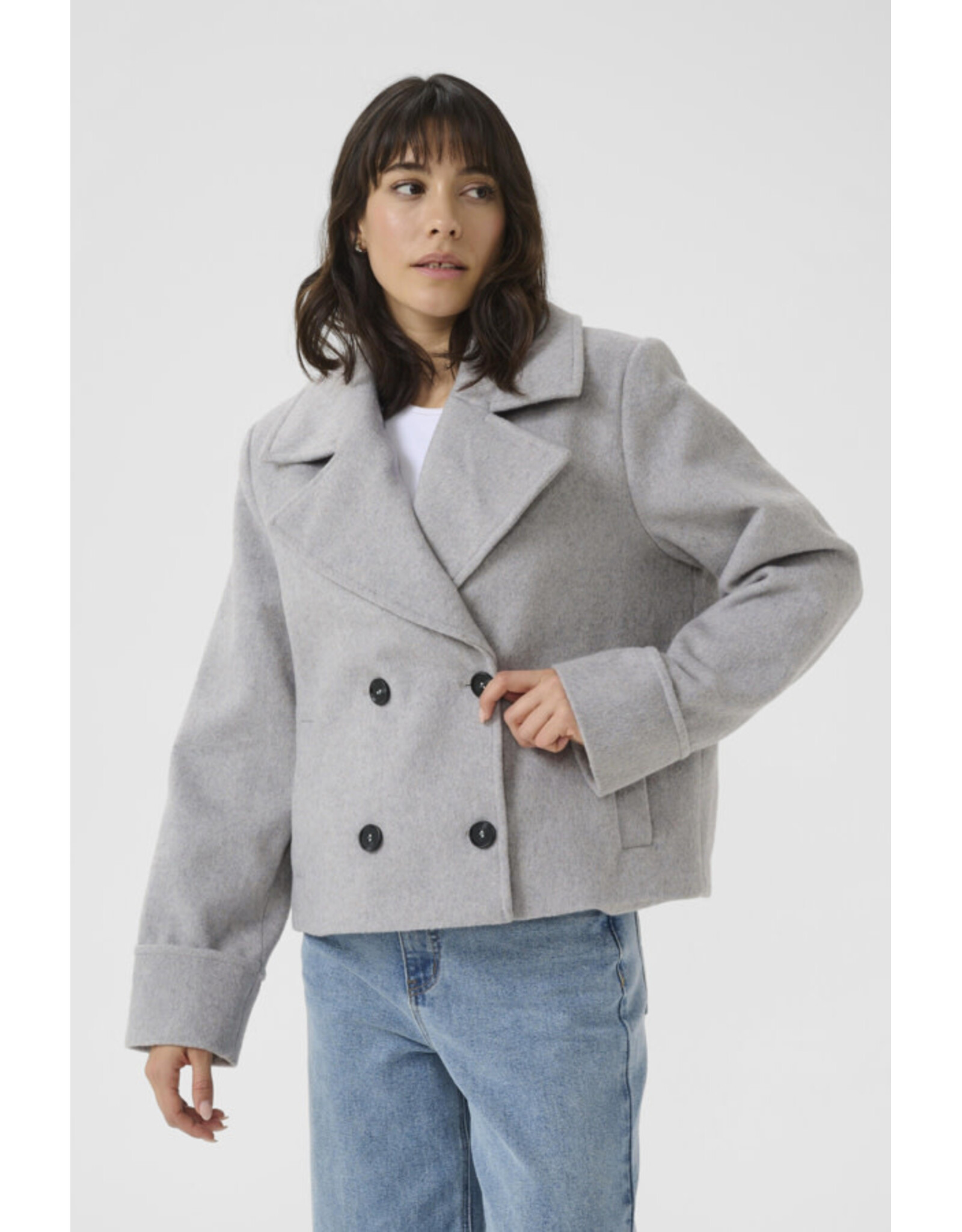 Kaffe Kaffe - Julia Cropped Double Breasted Coat (Light Grey Melange)