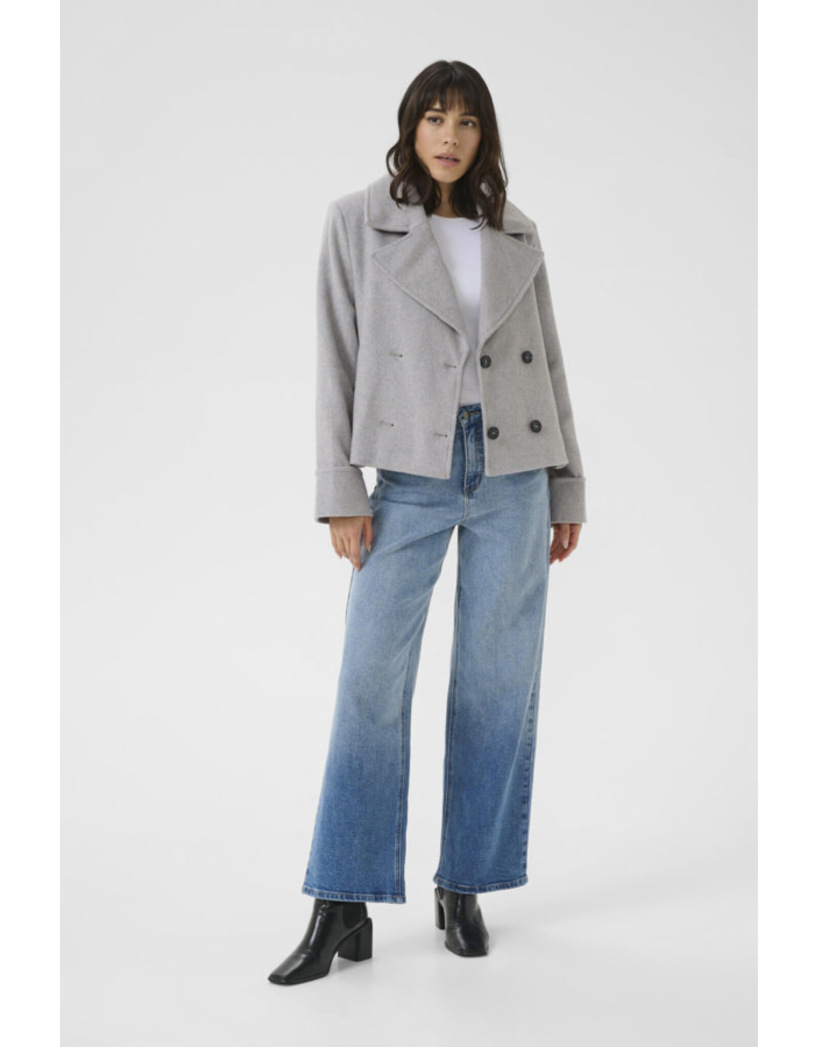 Kaffe Kaffe - Julia Cropped Double Breasted Coat (Light Grey Melange)
