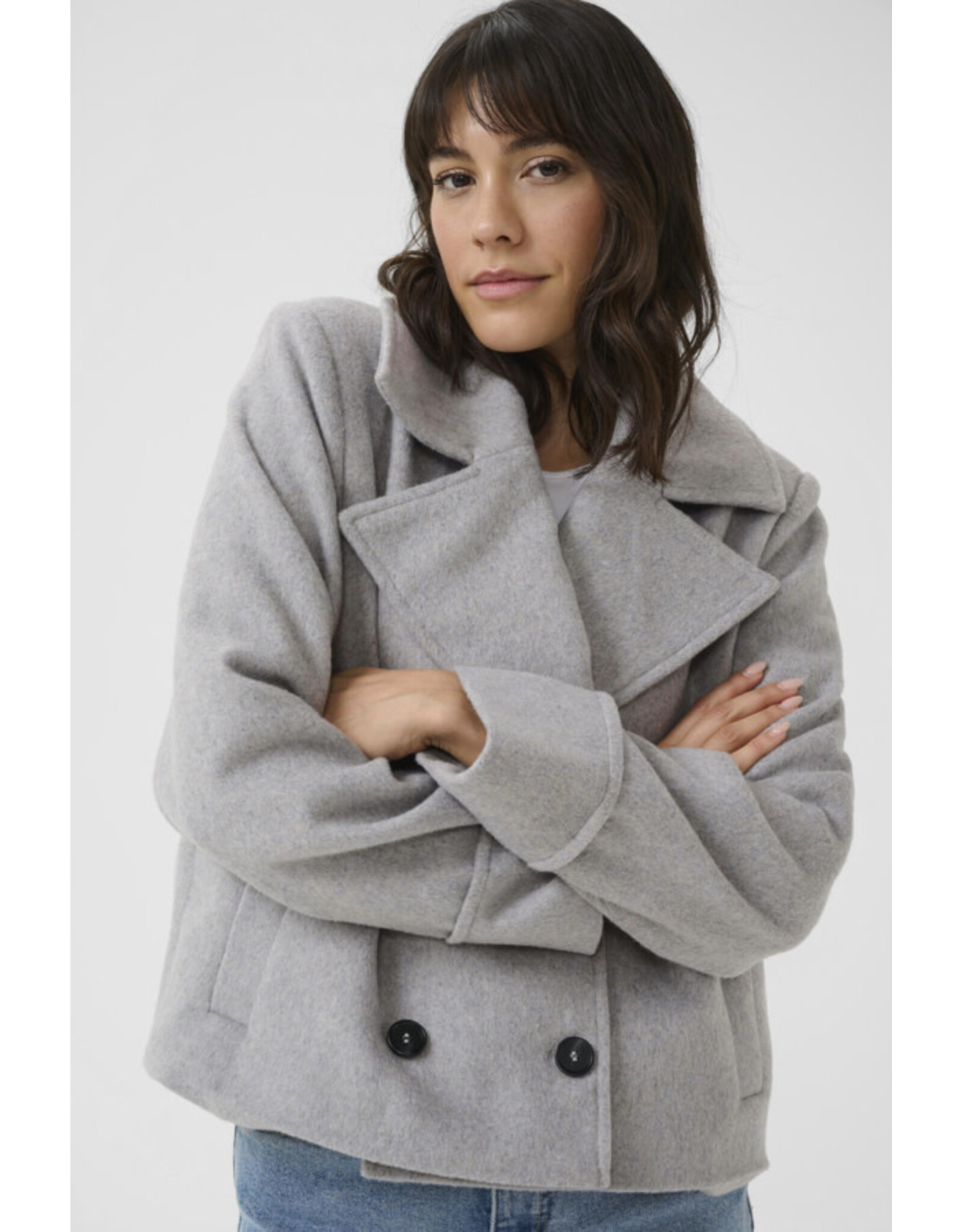 Kaffe Kaffe - Julia Cropped Double Breasted Coat (Light Grey Melange)