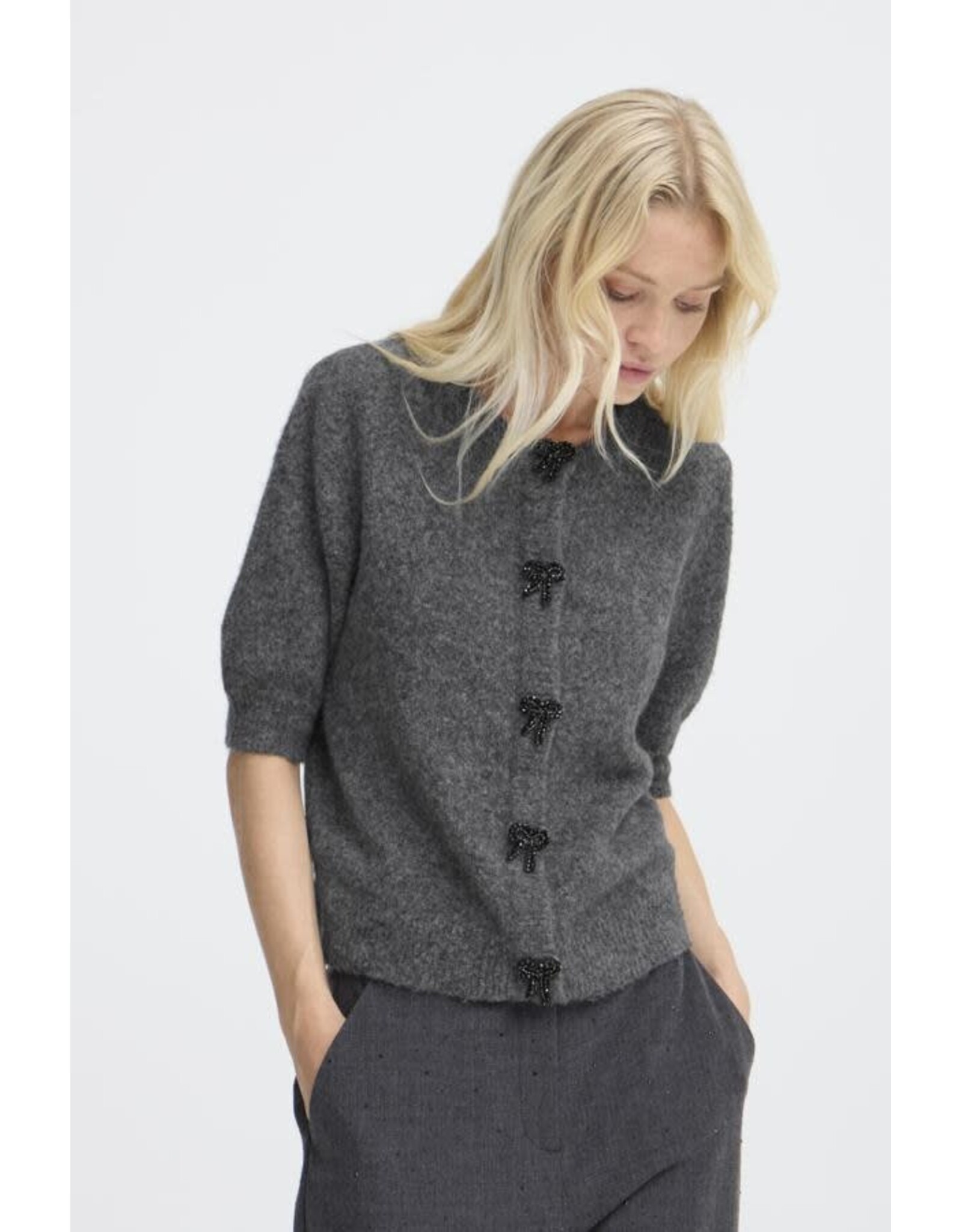 b.young b.young - Omea Deco Cardigan wth Bow Buttons (Dark Grey Melange)