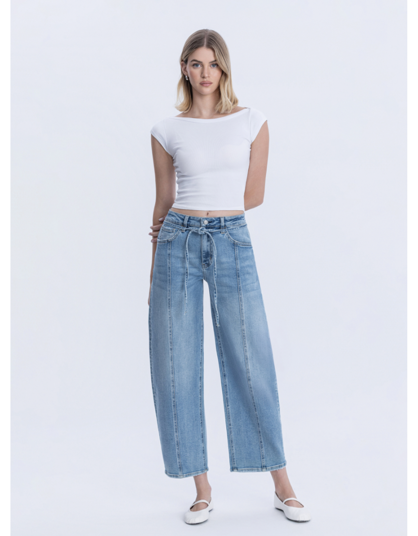 VERVET VERVET - High Waist Tie Crop Wide Barrel Jeans (Inspirational)