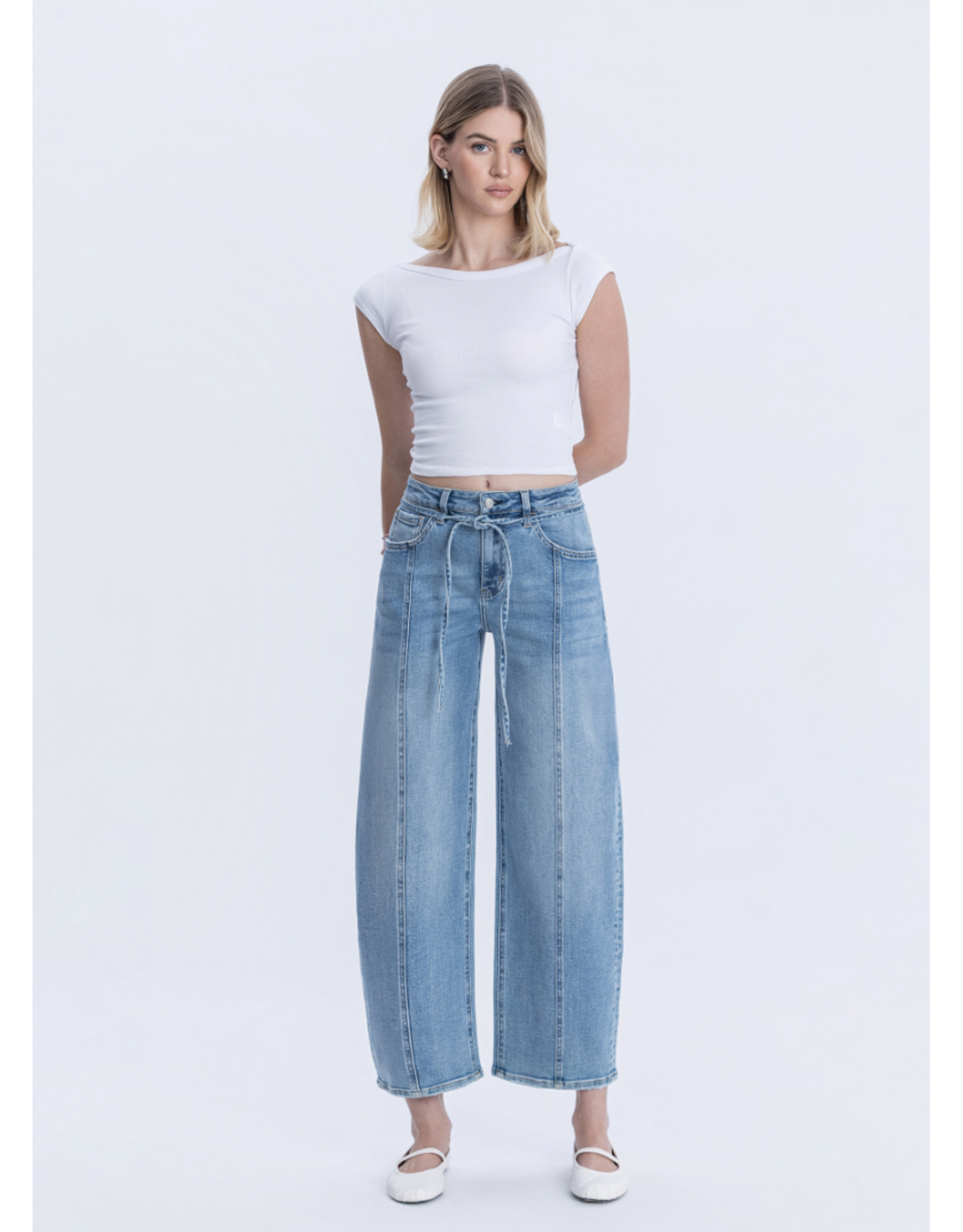 VERVET VERVET - High Waist Tie Crop Wide Barrel Jeans (Inspirational)
