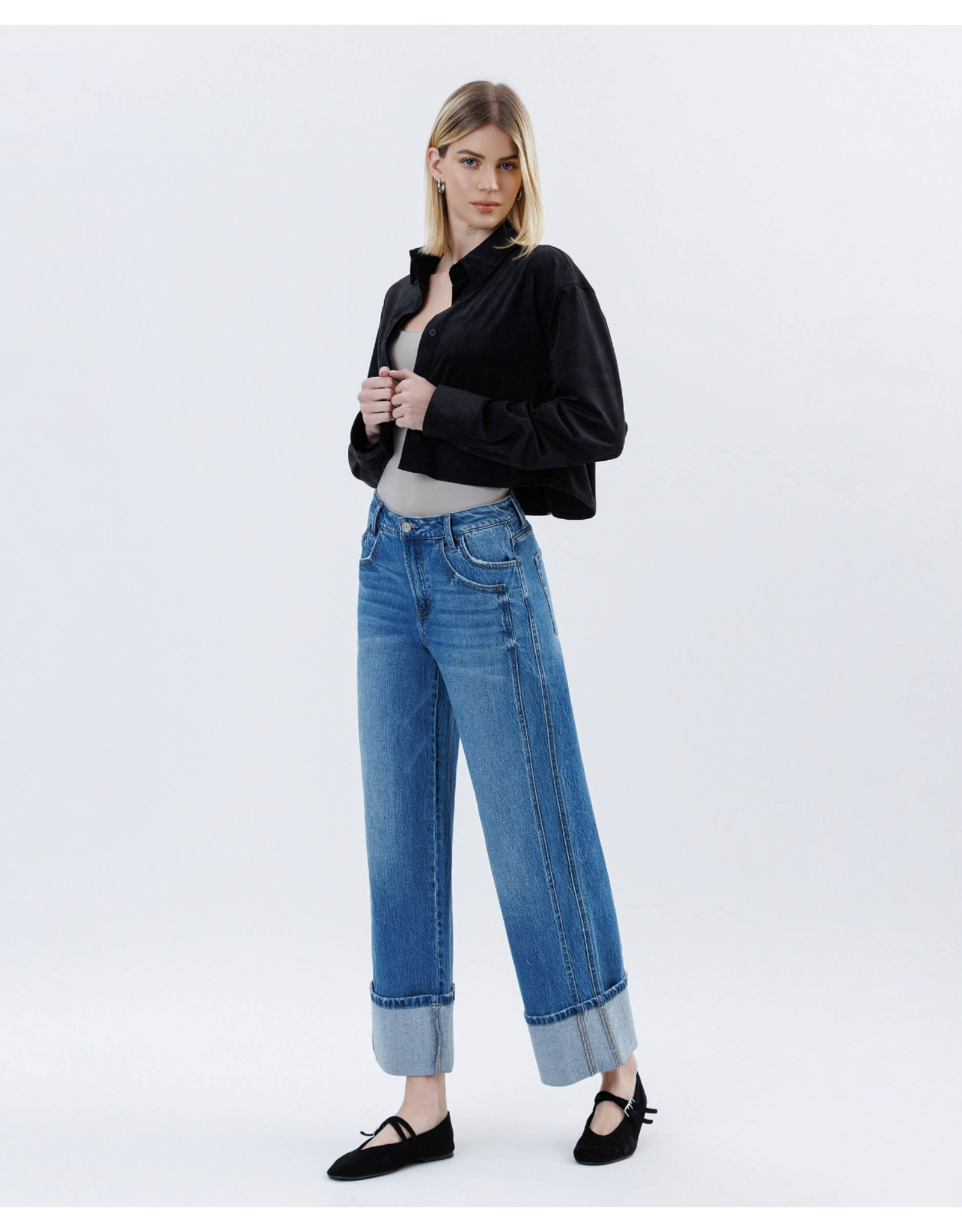 VERVET VERVET - High Rise Cuffed Baggy Wide Leg (Dark Denim)