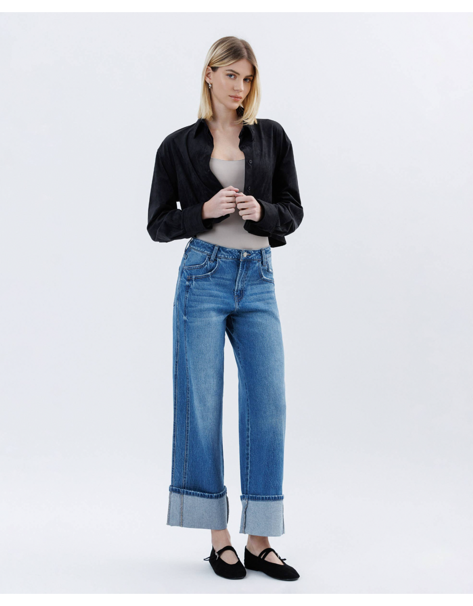 VERVET VERVET - High Rise Cuffed Baggy Wide Leg (Dark Denim)