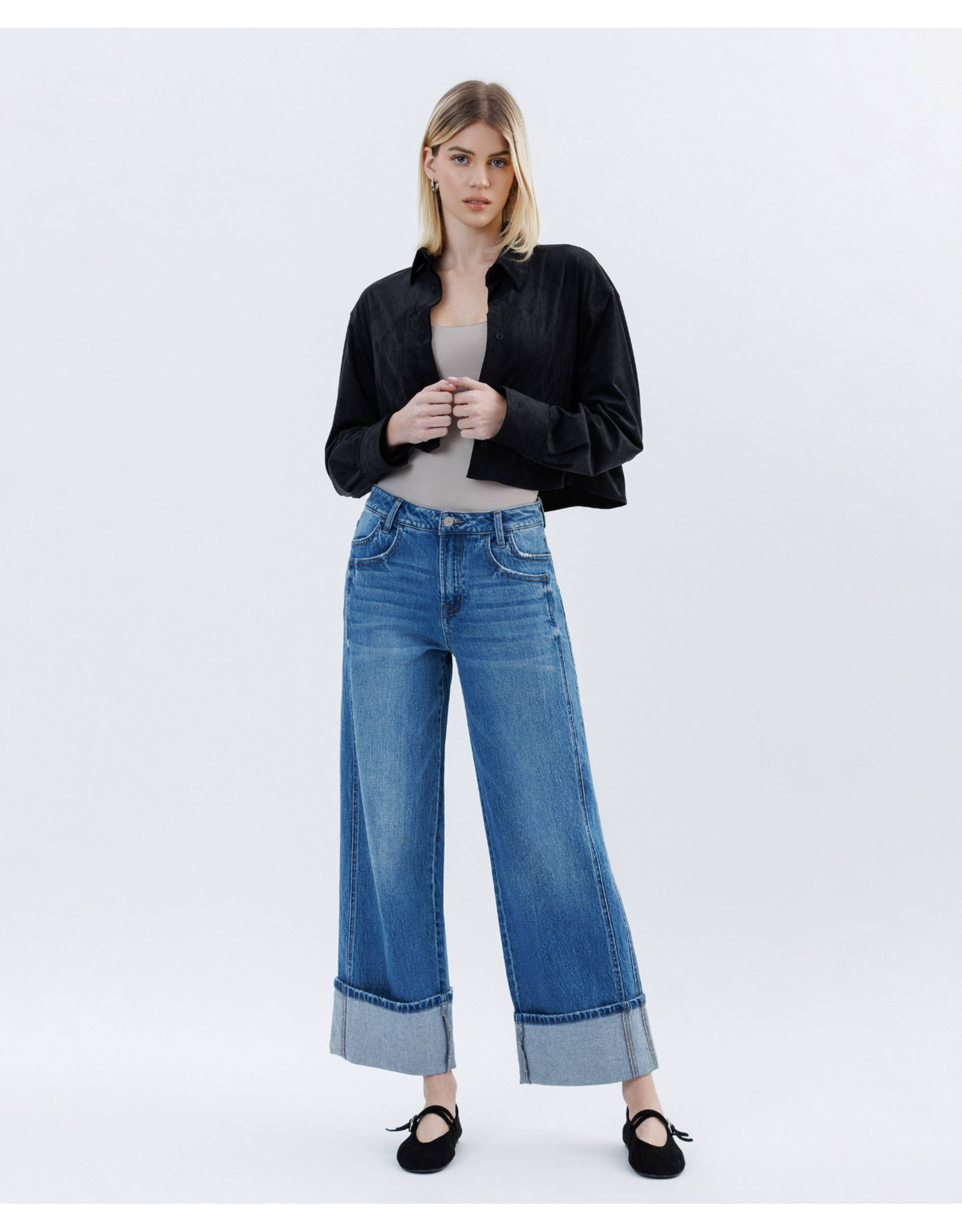 VERVET VERVET - High Rise Cuffed Baggy Wide Leg (Dark Denim)