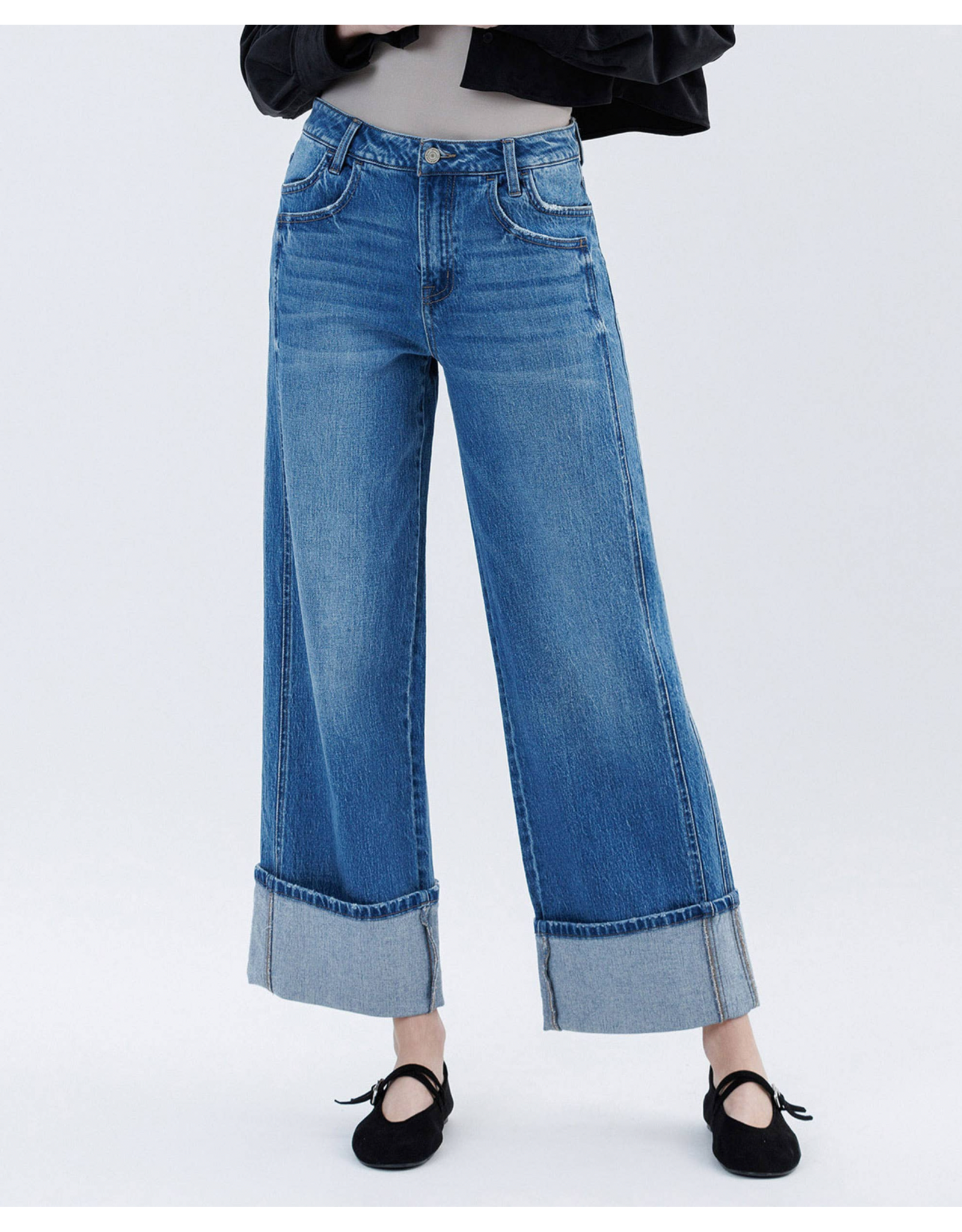 VERVET VERVET - High Rise Cuffed Baggy Wide Leg (Dark Denim)