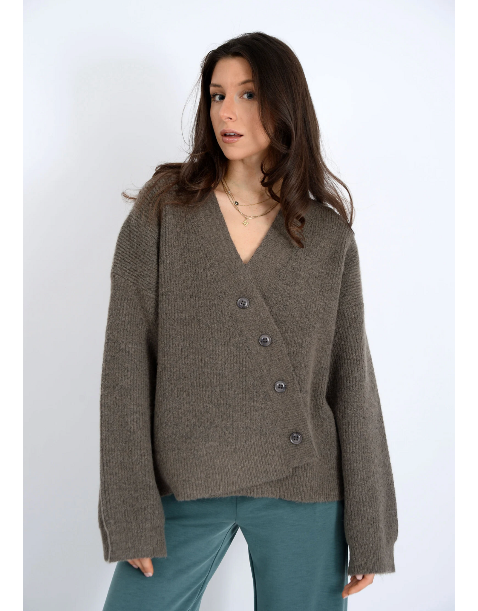 RD Style RD Style - Egaltine Long Sleeve Asymmetric Cardigan (Mushroom)