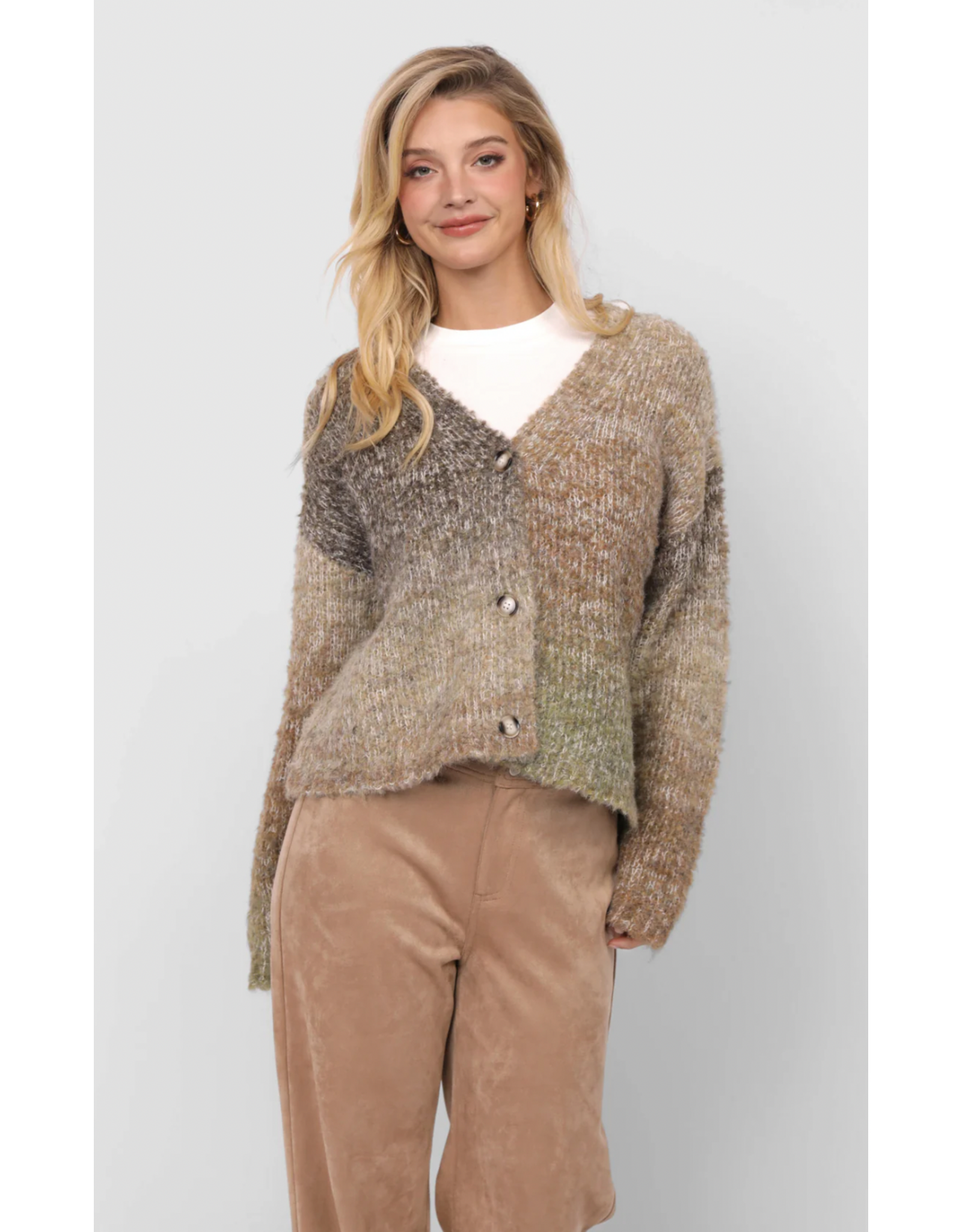 Sadie & Sage Sadie & Sage - Smiley Ombre Fuzzy Knit Cardigan (Olive Brown)