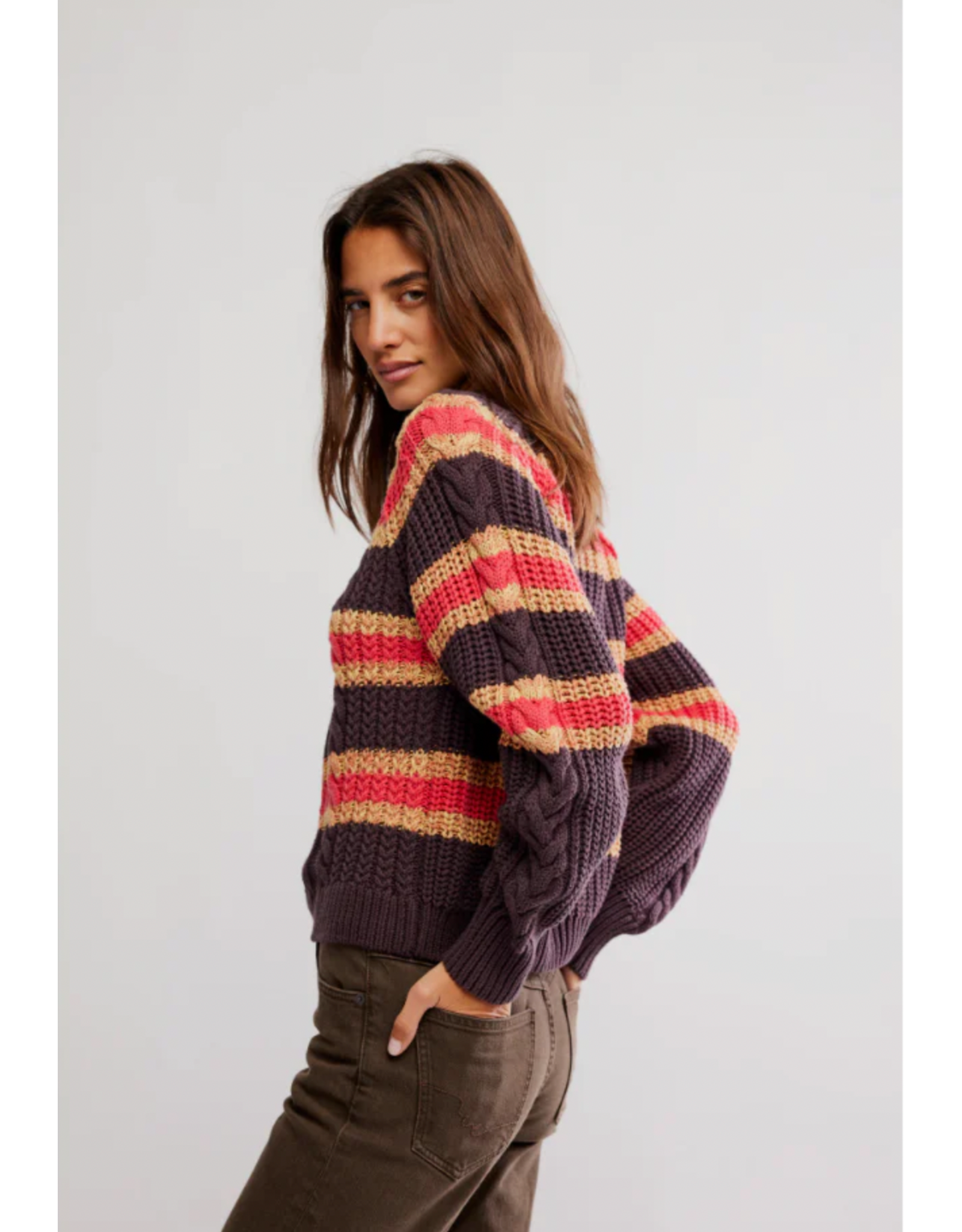 Free people Free People -  Frankie Striped Cable Knit Sweater (Chocolate Combo)