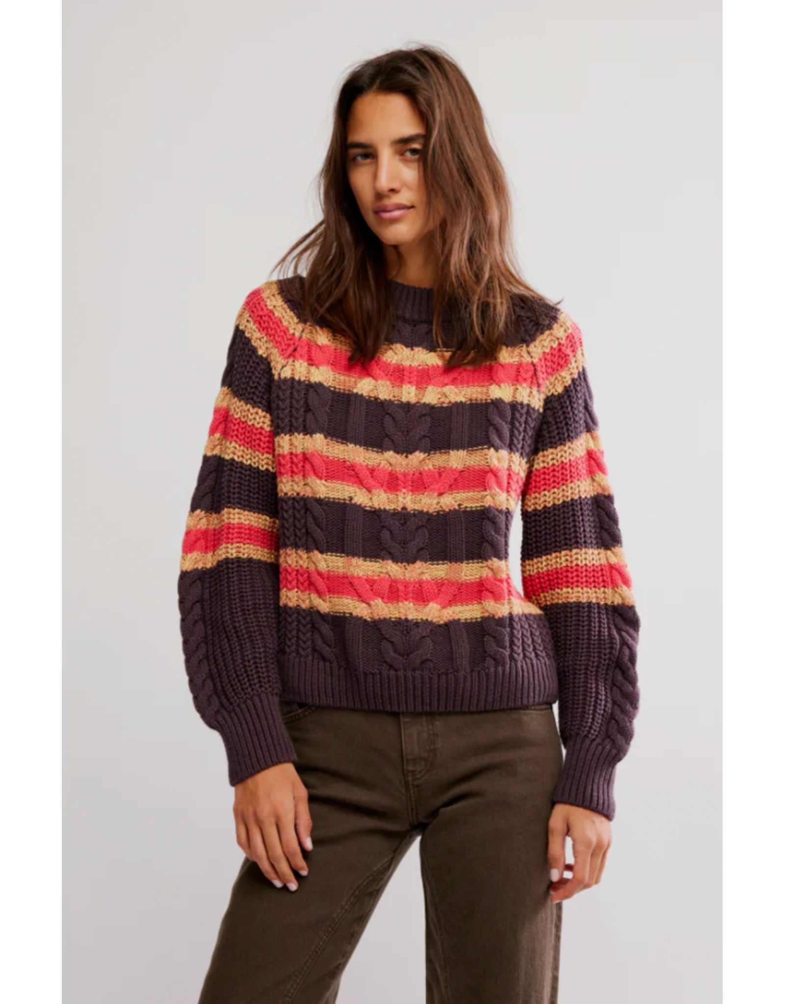Free people Free People -  Frankie Striped Cable Knit Sweater (Chocolate Combo)