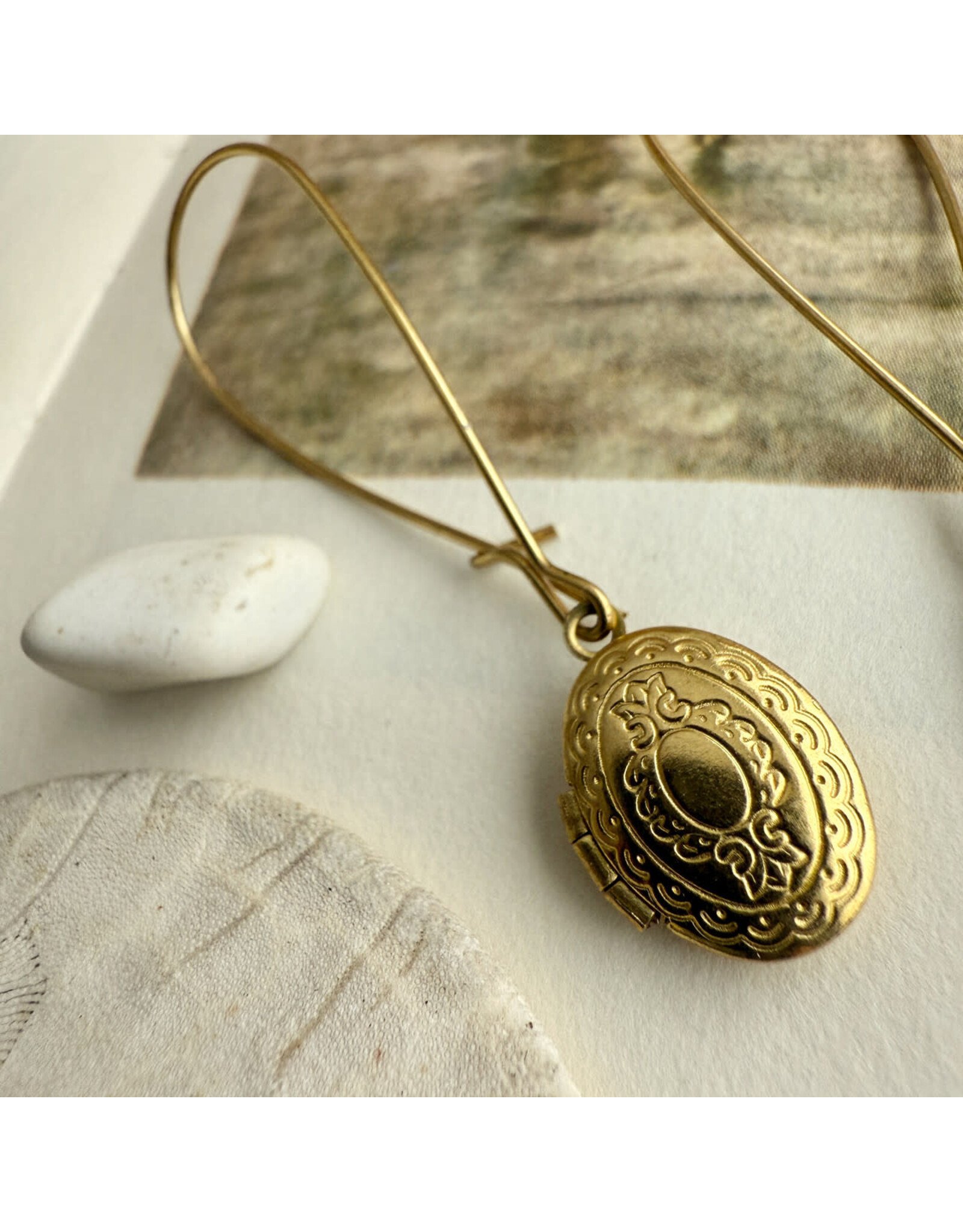 Pika & Bear Pika & Bear - 	"Sophia" Vintage Oval Locket Drop Earrings in Raw Brass